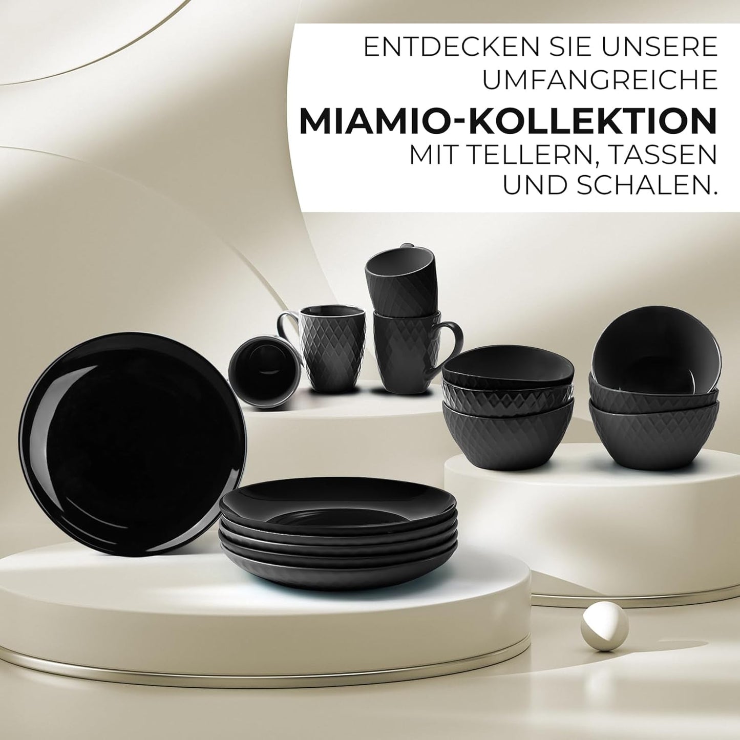 MIAMIO - 6-delad modern keramisk servis/tallrik set för 6 - Palmanova Collection (svart, stora tallrikar (6x))