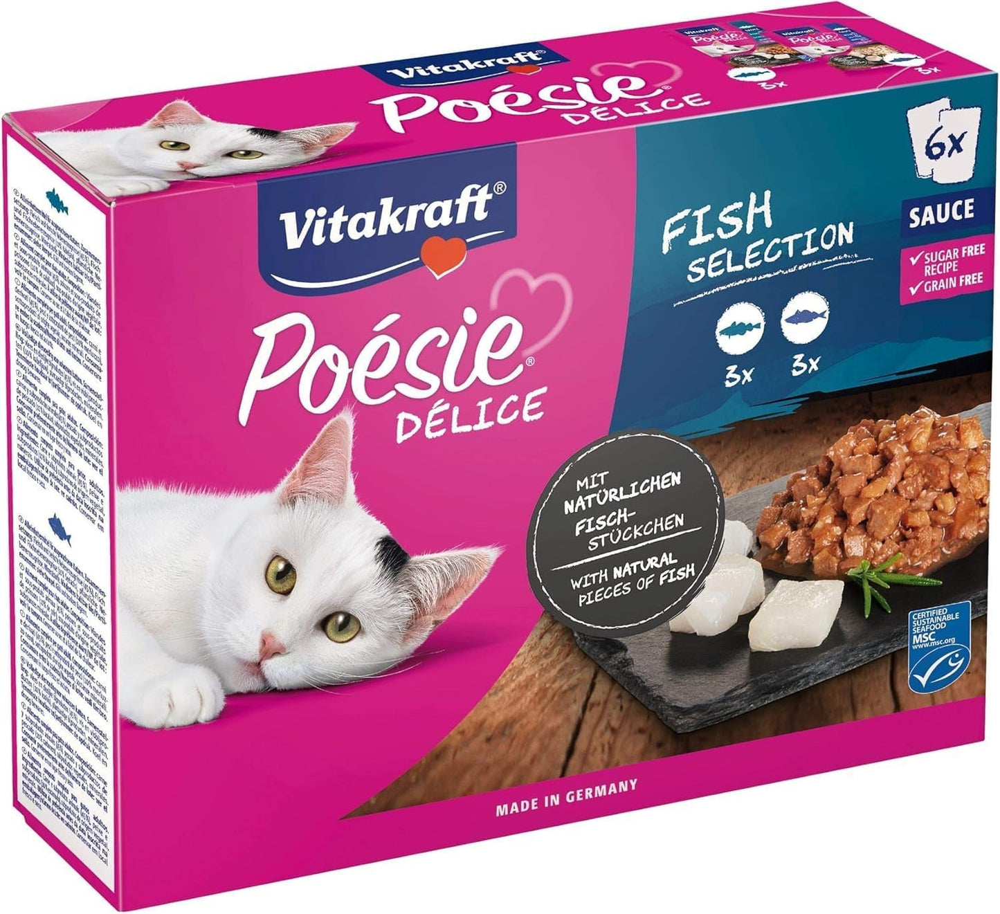 Vitakraft Poésie Délice, Fish Selection, Nassfutter Katze, Katzennassfutter in Sauce, mit Seelachs, mit Kabeljau, ohne Zusatz von Zucker und Getreide (1 Paket med 6x 85g)