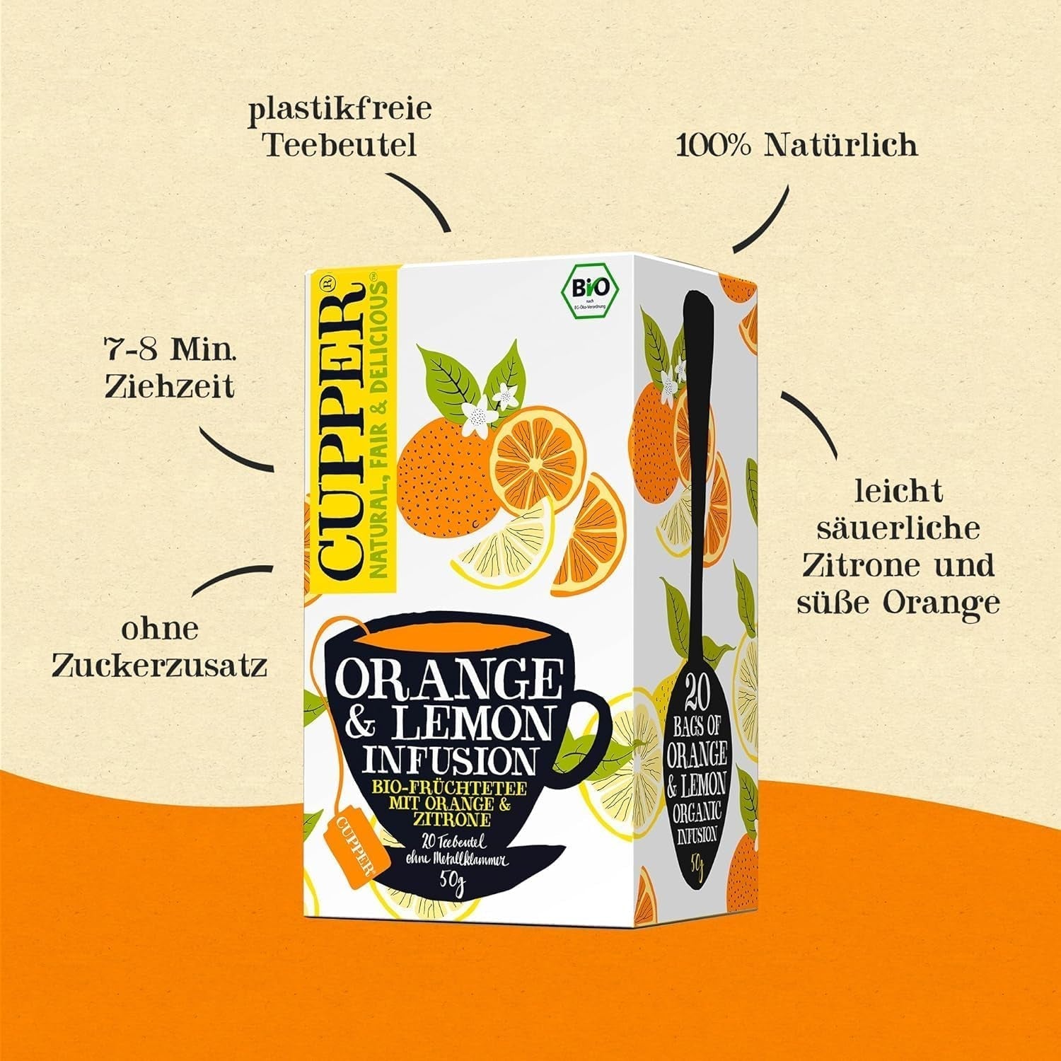 CUPPER Ekologiskt fruktte "Orange & Lemon Infusion", 20 oblekta tepåsar, ekologiskt, rättvis handel