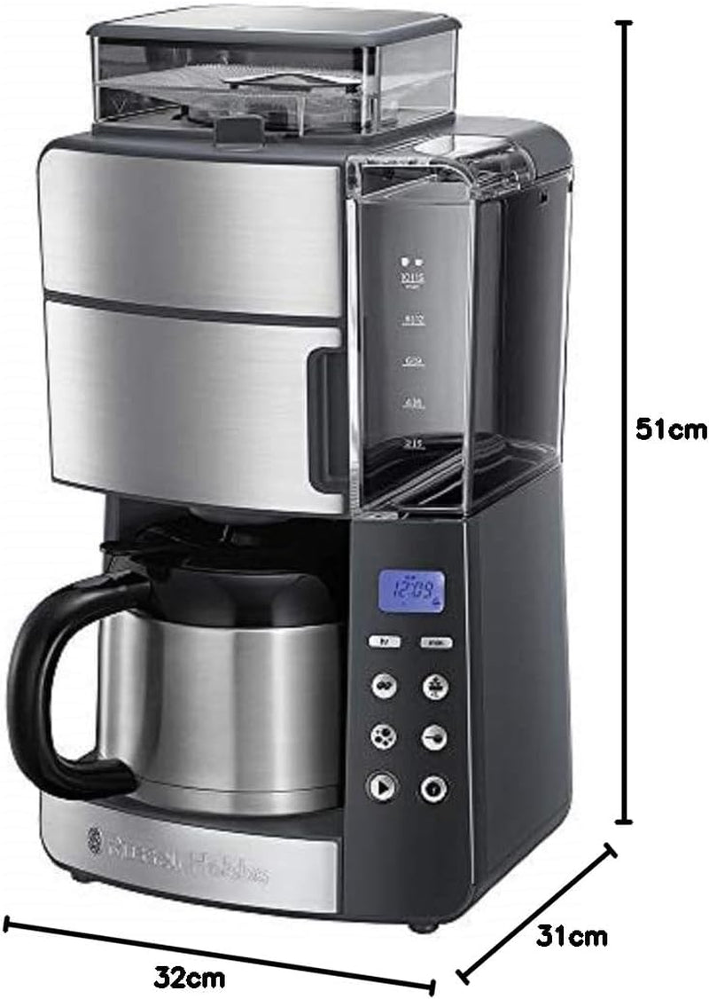 Russell Hobbs kaffebryggare med kvarn och termisk karaff [Digital timer, duschhuvud för optimal extraktion och arom] Grind&Brew (1-10 koppar, 3 malningsinställningar) Filterkaffebryggare 25620-56