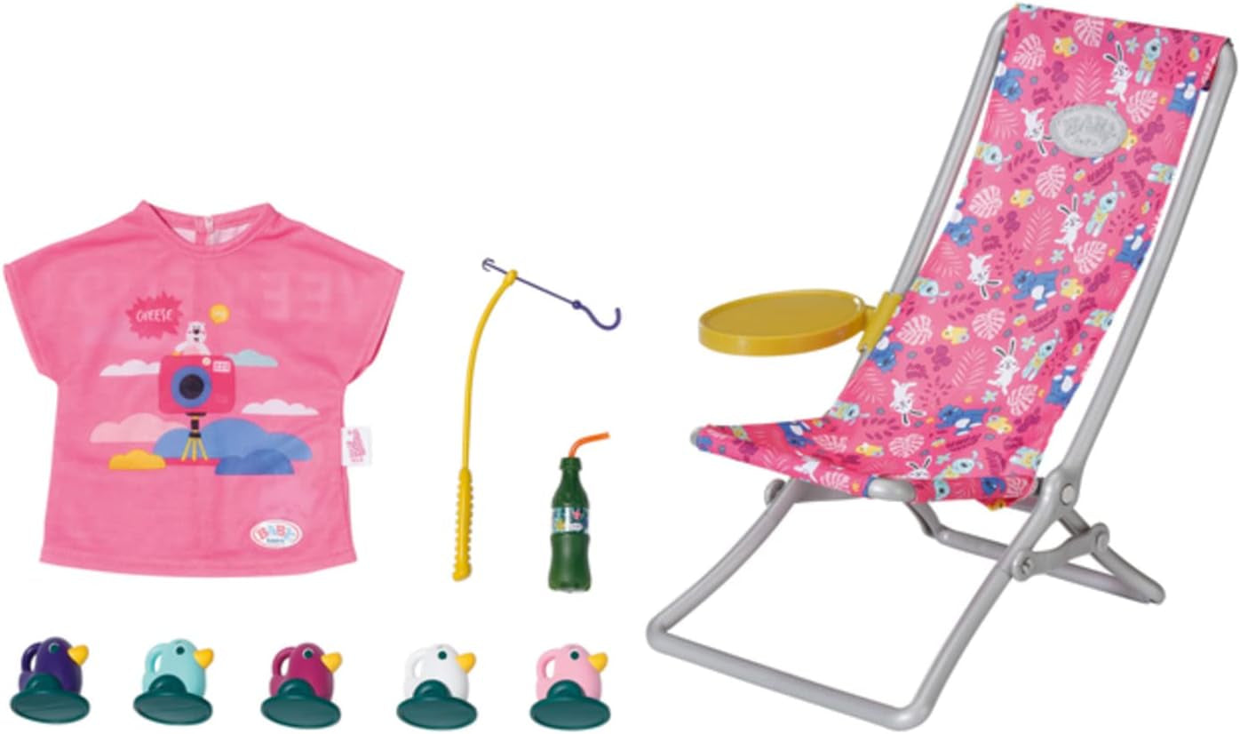 BABY born 832790 Weekend Fishing - Tillbehörsset för fiskedocka med solstol, sidobord, glas, korg, ankungar och fiskespö och rosa långskjorta, rosa