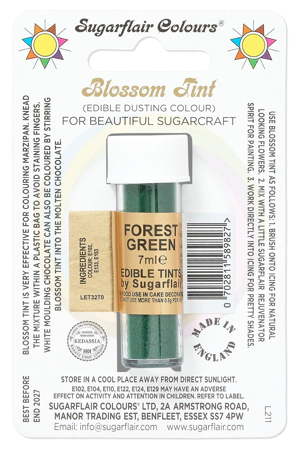 Matfärgningspulver Sugarflair Blossom Tint Dusting Forest Green - Livsmedelsfärgpulver för att dekorera färgad sockerpasta, fondant, glasyr, choklad, smörkräm, makroner - 7ml