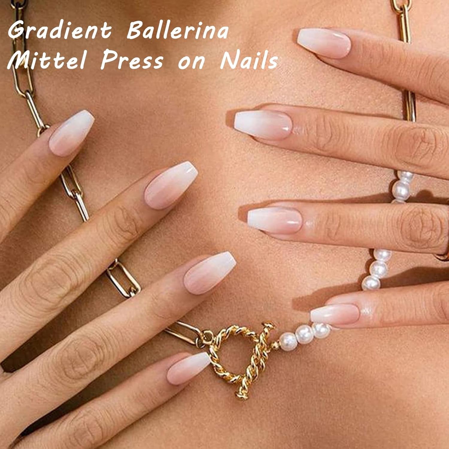 360st Gradient Ballerina False Nails Set, Rosa Vit Gradient Limmade konstgjorda naglar med 2st Nail Oil Pens, Ombre Medium Fake Nails for Women DIY