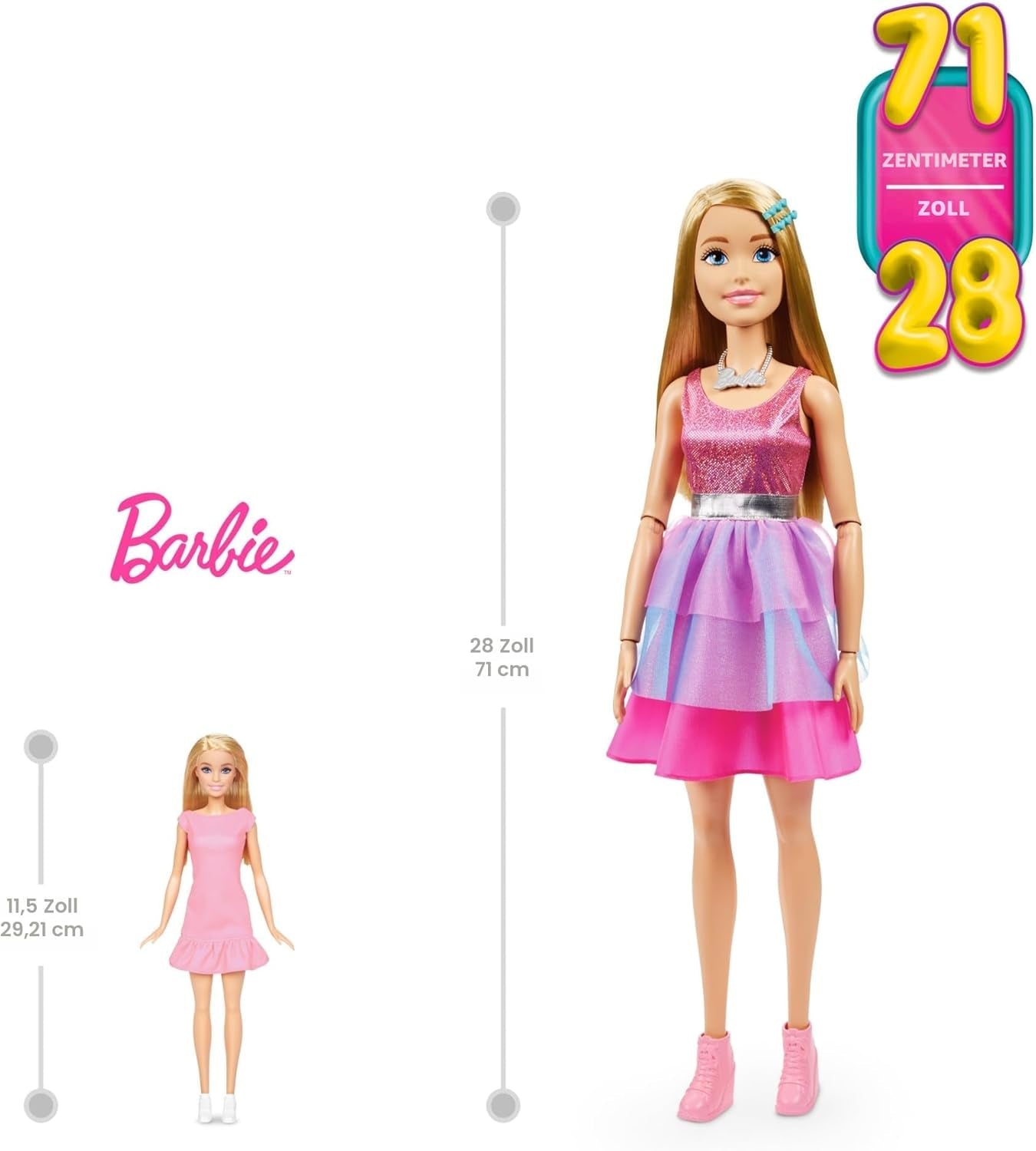 Barbie extra stor (71 cm) docka - rosa klänning, blont hår med klämma och halsband, present från 3 år och uppåt, HJY02