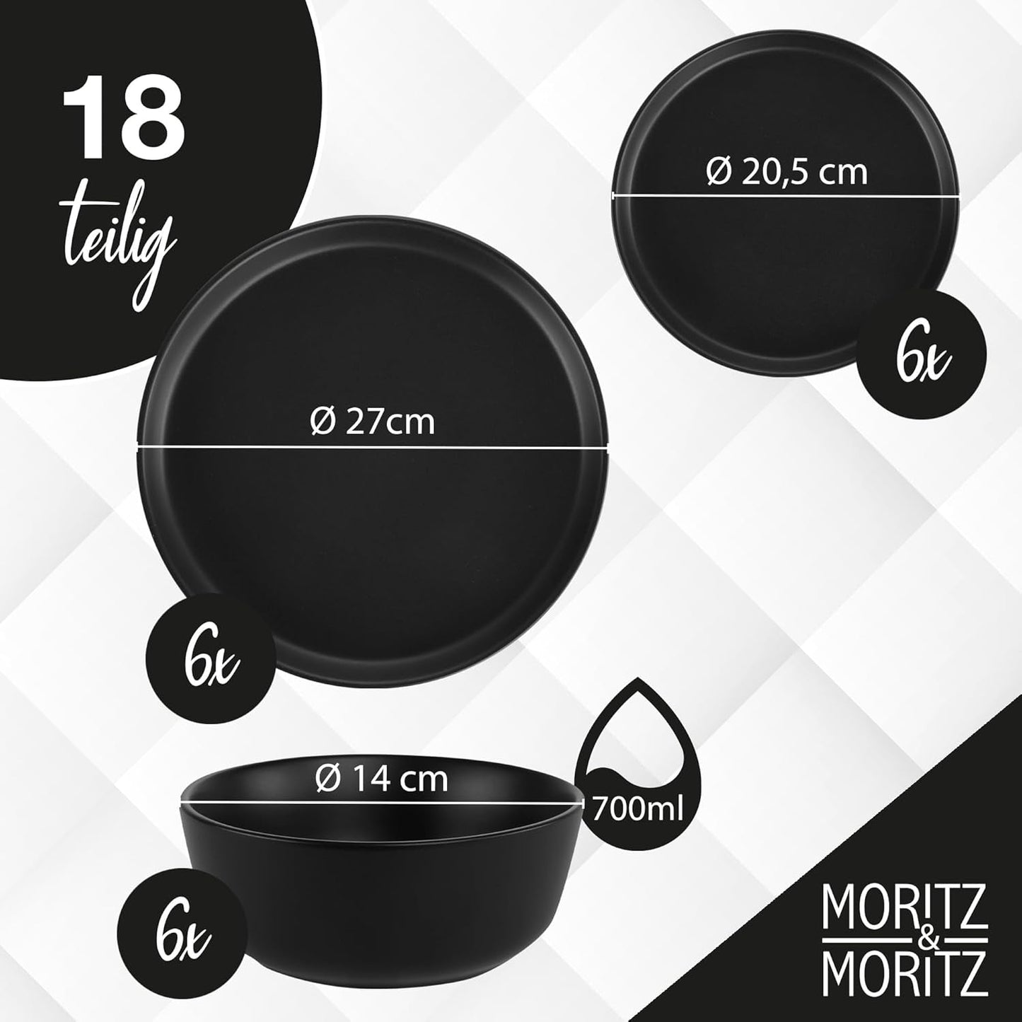 Moritz & Moritz NORDIC 6-personers servisset - 18-delat svart servisset i stengods - Skandinavisk design - 6-personers Robust servisset för dagligt bruk och gäster - Kombinationsset för servis