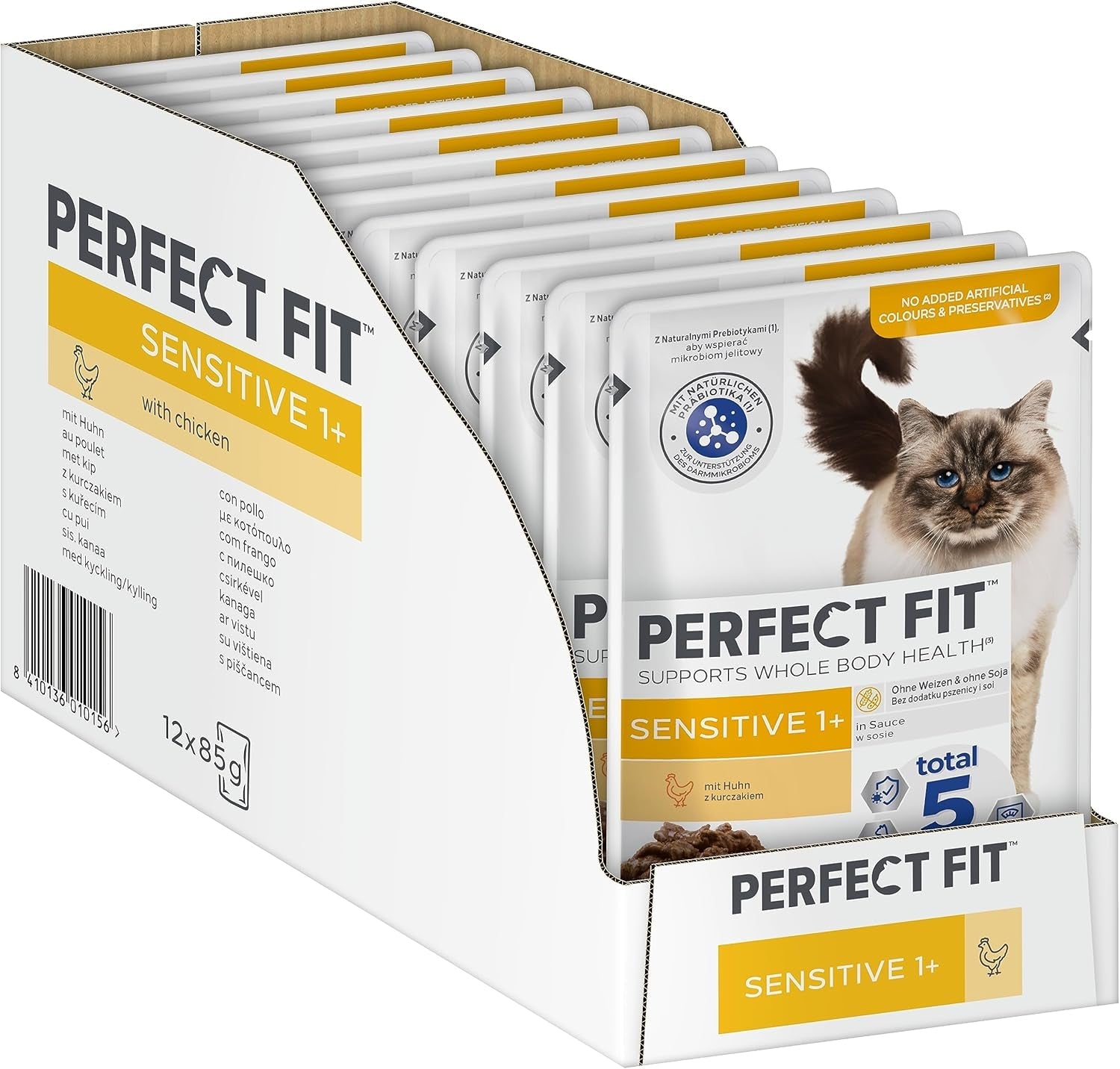 Våtfoder för katter Perfect Fit Sensitive 1+ med kyckling i sås, 12 påsar, 12 x 85g - Premium våtfoder för känsliga katter från 1 år, utan vete och soja, för att stödja matsmältningen