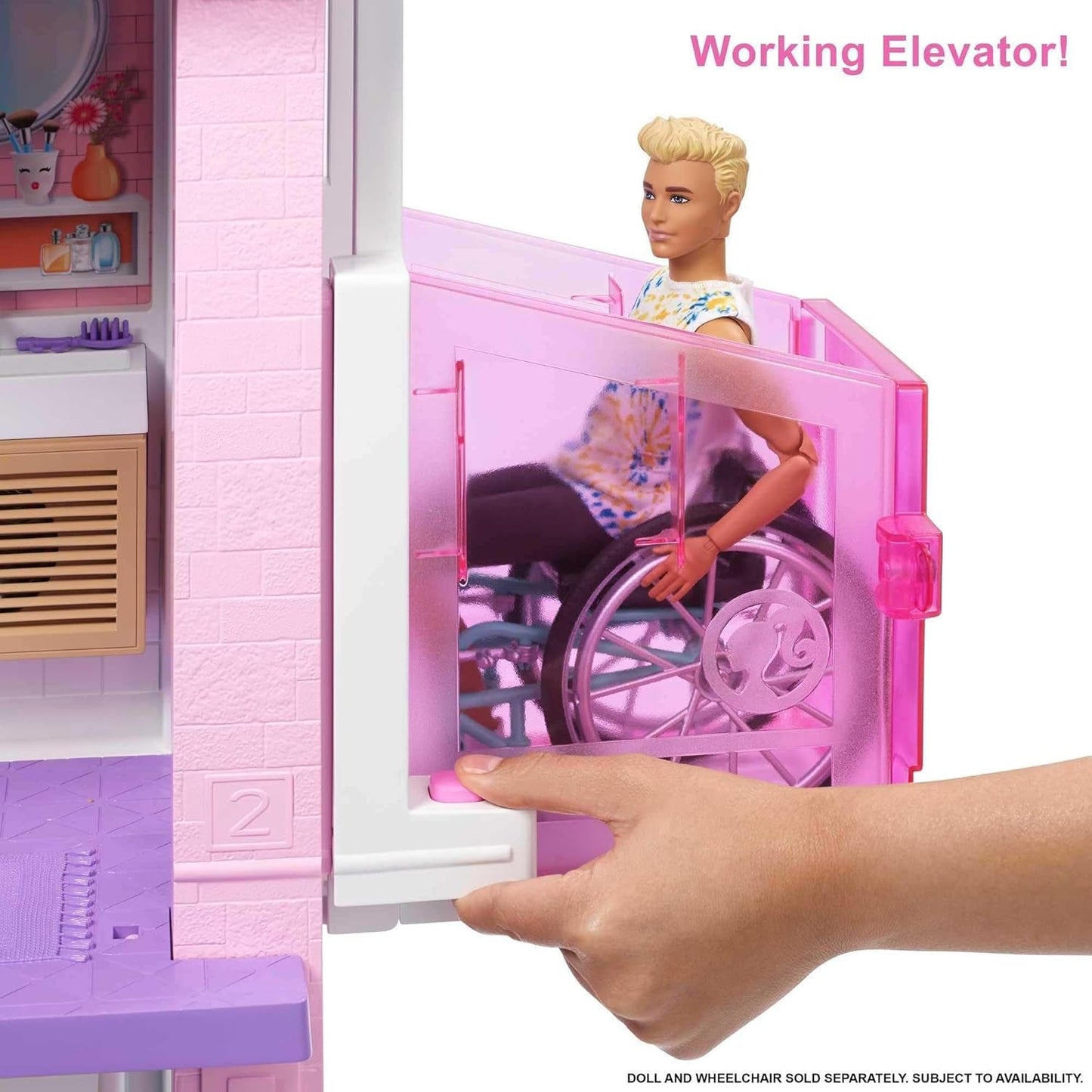 Barbie Dream House (114 cm), 3-vånings dockhus, pool, rutschkana, rullstolslift, 75 tillbehör, dockor, lämplig som present till barn från 3 år och uppåt, GRG93