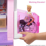 Barbie Dream House (114 cm), 3-vånings dockhus, pool, rutschkana, rullstolslift, 75 tillbehör, dockor, lämplig som present till barn från 3 år och uppåt, GRG93