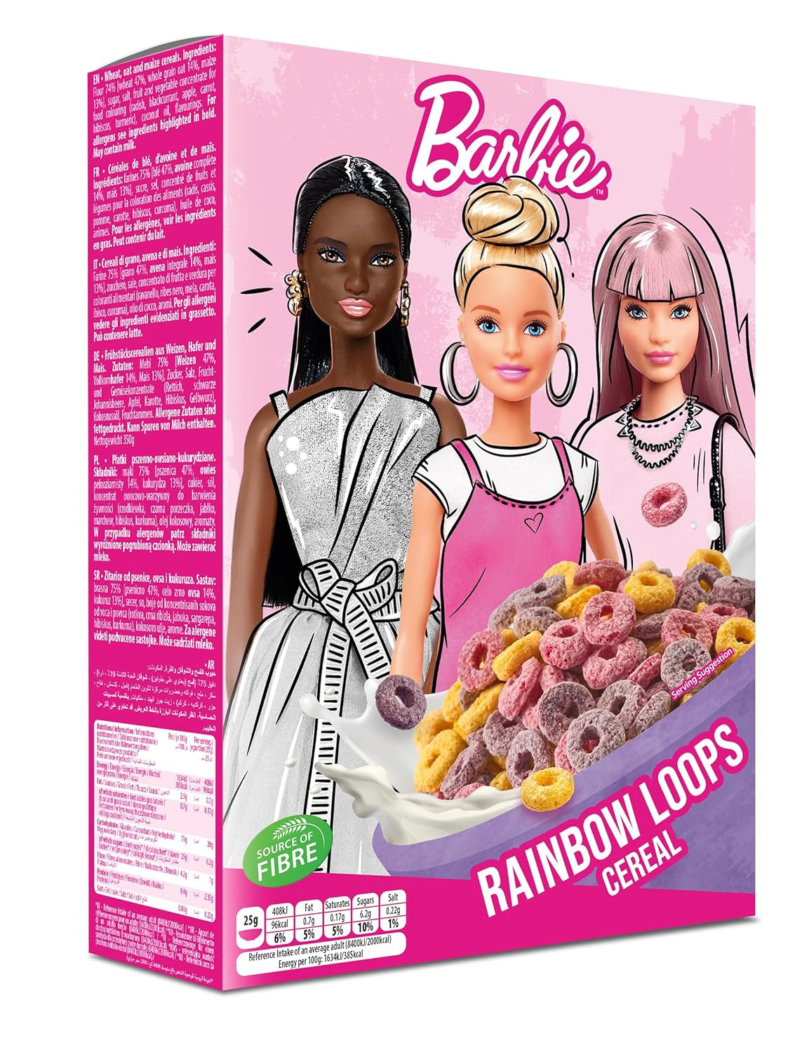 Barbie Rainbow Loops flingor, färgglada ringar av vete, havre och majs med fruktsmak för den perfekta frukosten, 1 förpackning (1 x 350g)