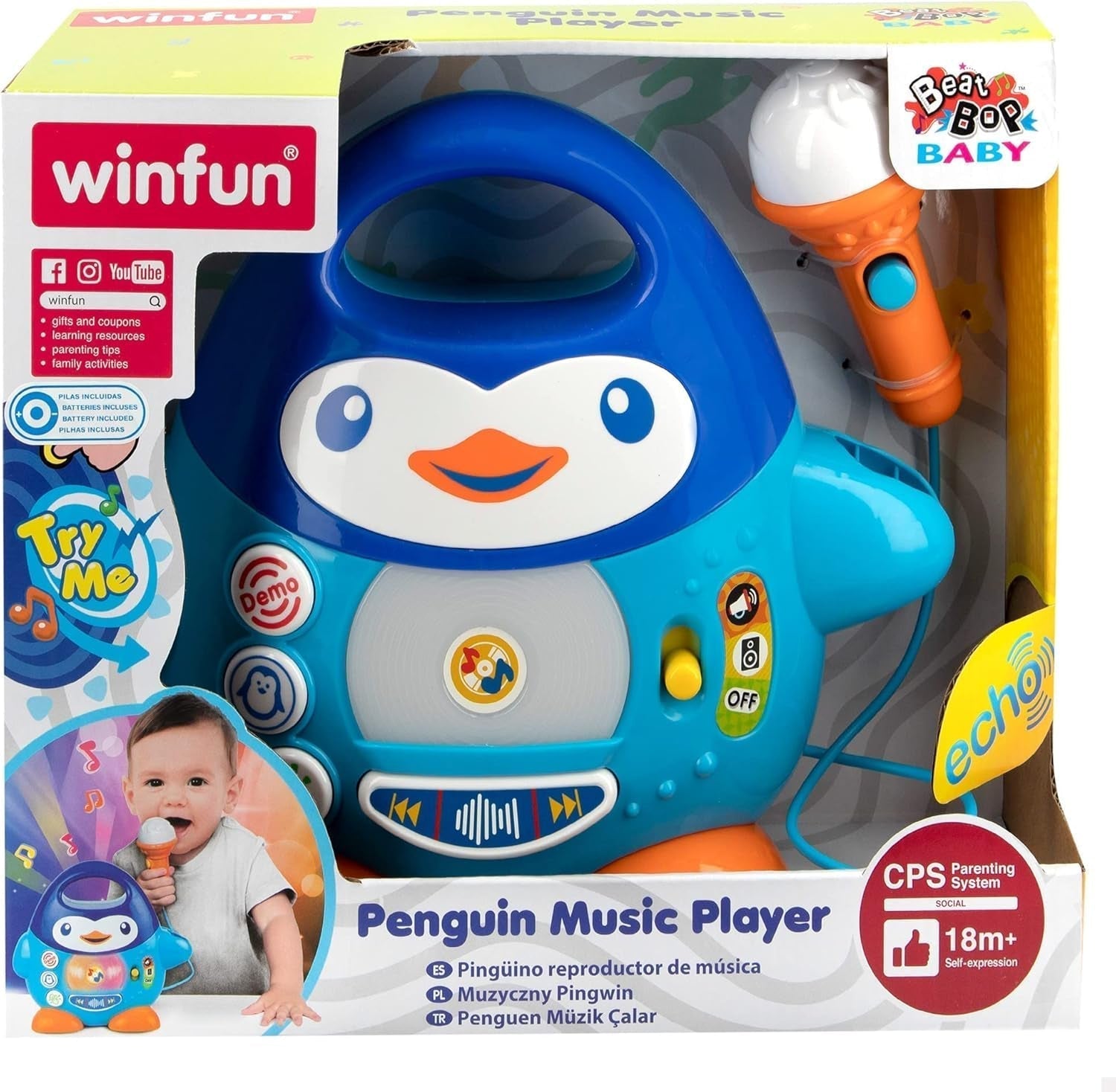 WinFun karaokemusikspelare, pingvindesign, med blinkande ljus och ekoeffekter, i blått, lekfullt stil, USB-anslutning Baby Toys Naty Shop