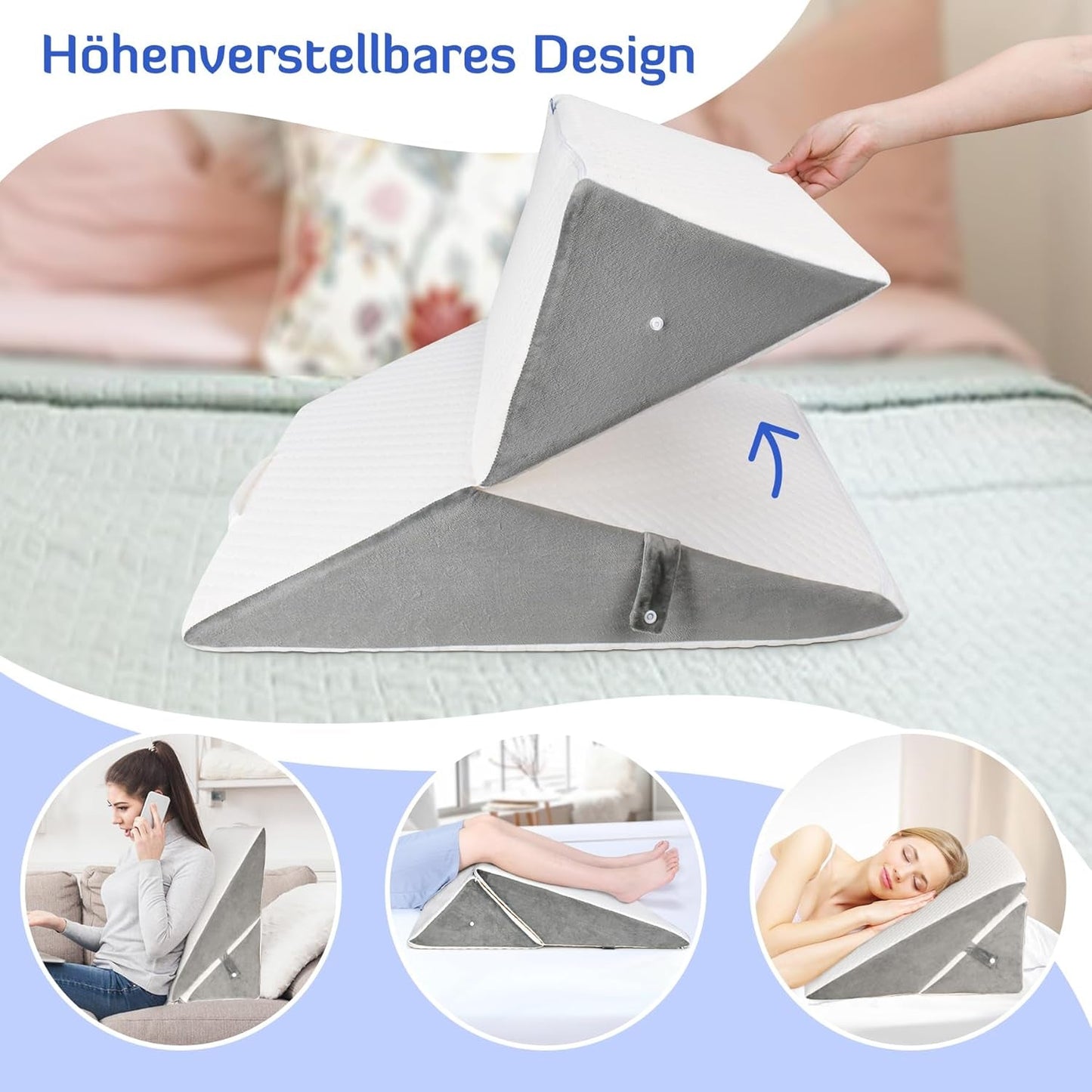BARN Justerbar kilkudde, läskudde av högdensitetsskum för säng och soffa, ergonomisk säng med kilhuvud för sömnrefluxapné, benkudde/ryggkudde för lek och läsning (vit & grå)