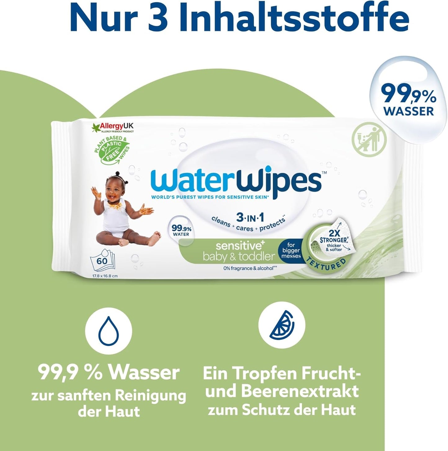 WaterWipes Sensitive+ våtservetter för baby och småbarn, 720 Count (12-pack), 3-i-1 rengöring, vård, skydd, 99,9 % vatten, texturerad rengöring, parfymfri