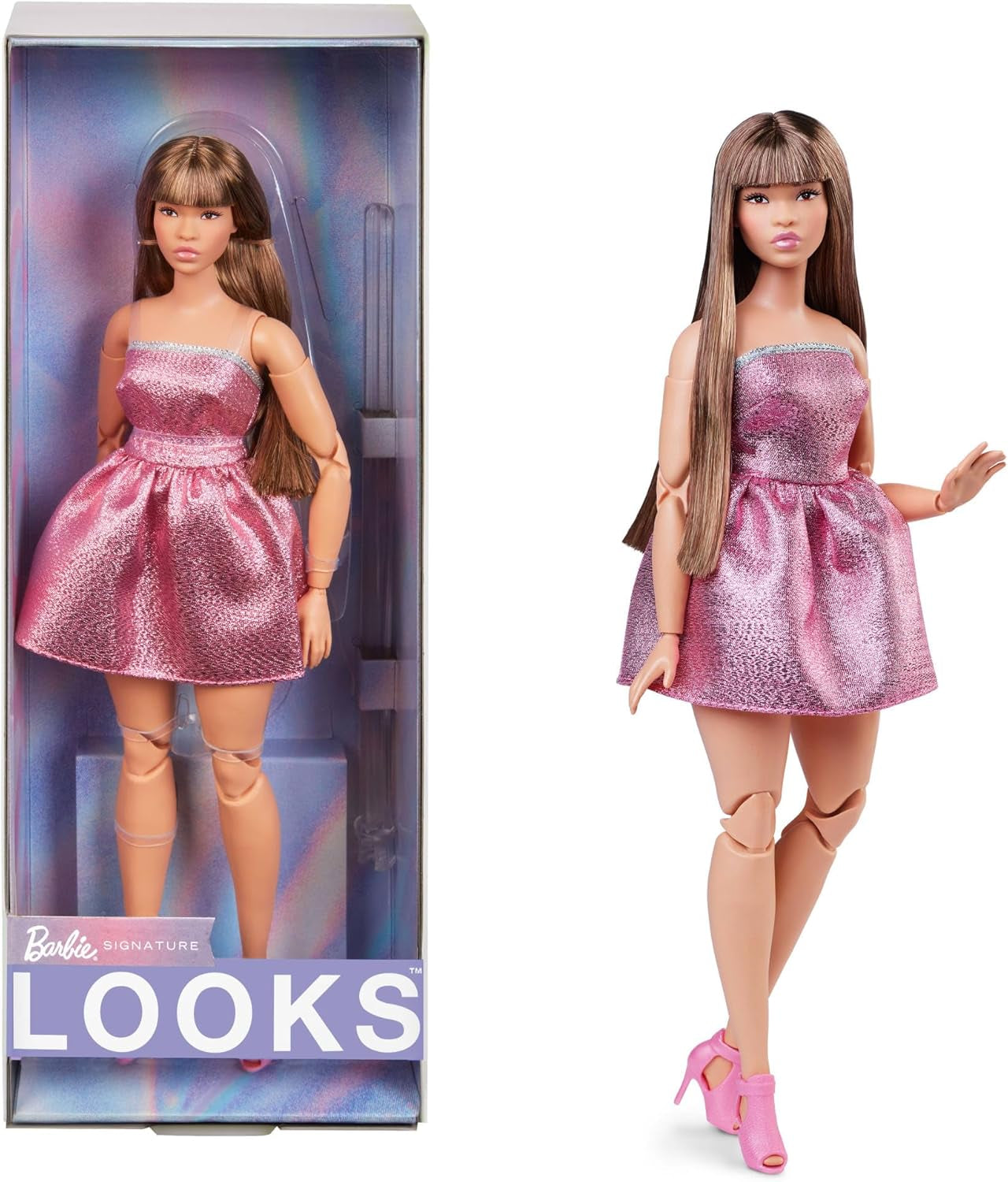 Barbie Looks Doll, samlarfigur nr. 24 med brunt hår och modernt Y2K-mode, glittrande axelbandslös klänning med högklackade klackar, HRM16 Naty Shop Dolls Standardtitel
