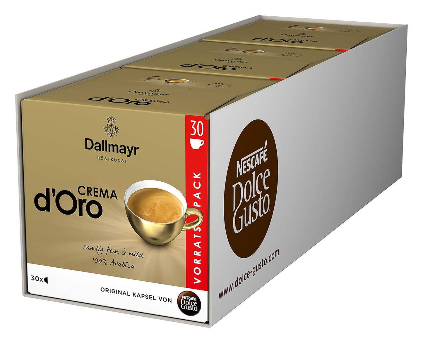 Dallmayr Crema d´Oro, XXL-Vorratsbox & Dallmayr Crema d´Oro intensa (48 Kaffeekapseln, Intensität 9 av 12, 100% Arabica-Bohnen), 3er Pack (3x16 Kapseln)