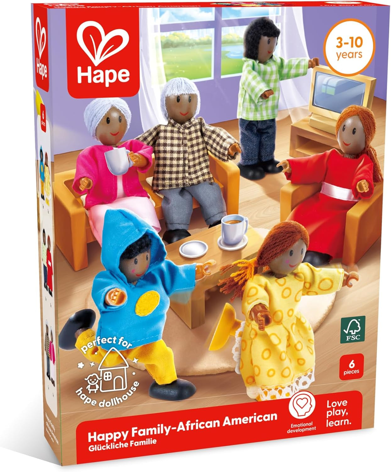 Hape Doll Family - 6 delar mörkt läder dockhustillbehör set med trä- och tygfigurer, låtsaslek, pedagogisk leksak, interaktiv inlärningsleksak för barn från 3 år och uppåt