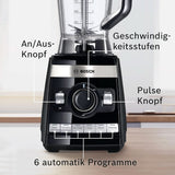 Bosch Standmixer Vitaboost MMBH6P6BDE, 6-Klingen-Edelstahlmesser, 2,5L Tritan-Mixbehälter, Stopfer, 6 Automatikprogram, Rezeptbuch, Bpa-Frei, Einfache Reinigung, 45 000 U/Min, 1600 W, Schwarz Bucatarie Naty Shop