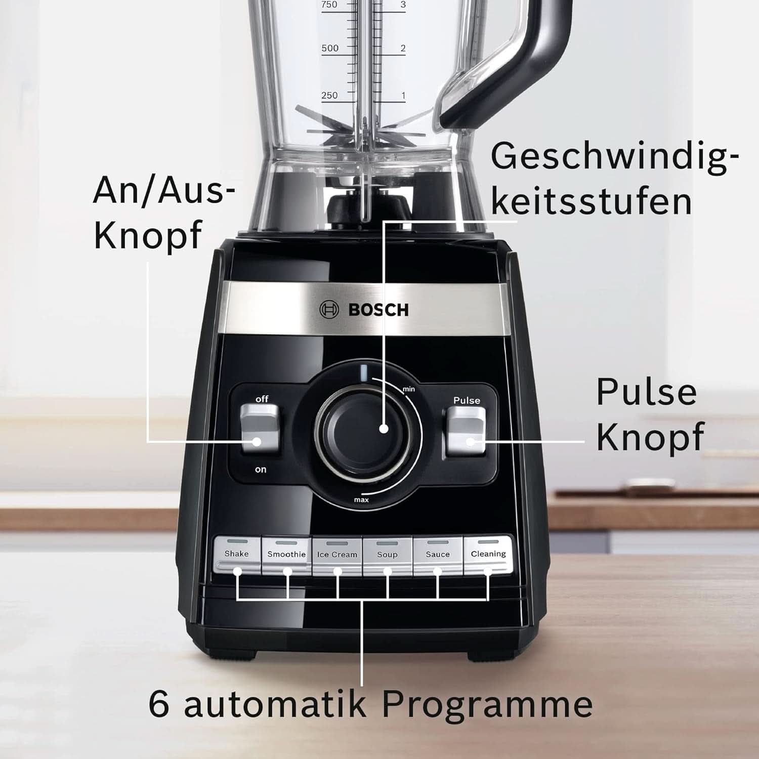 Bosch Standmixer Vitaboost MMBH6P6BDE, 6-Klingen-Edelstahlmesser, 2,5L Tritan-Mixbehälter, Stopfer, 6 Automatikprogram, Rezeptbuch, Bpa-Frei, Einfache Reinigung, 45 000 U/Min, 1600 W, Schwarz Bucatarie Naty Shop