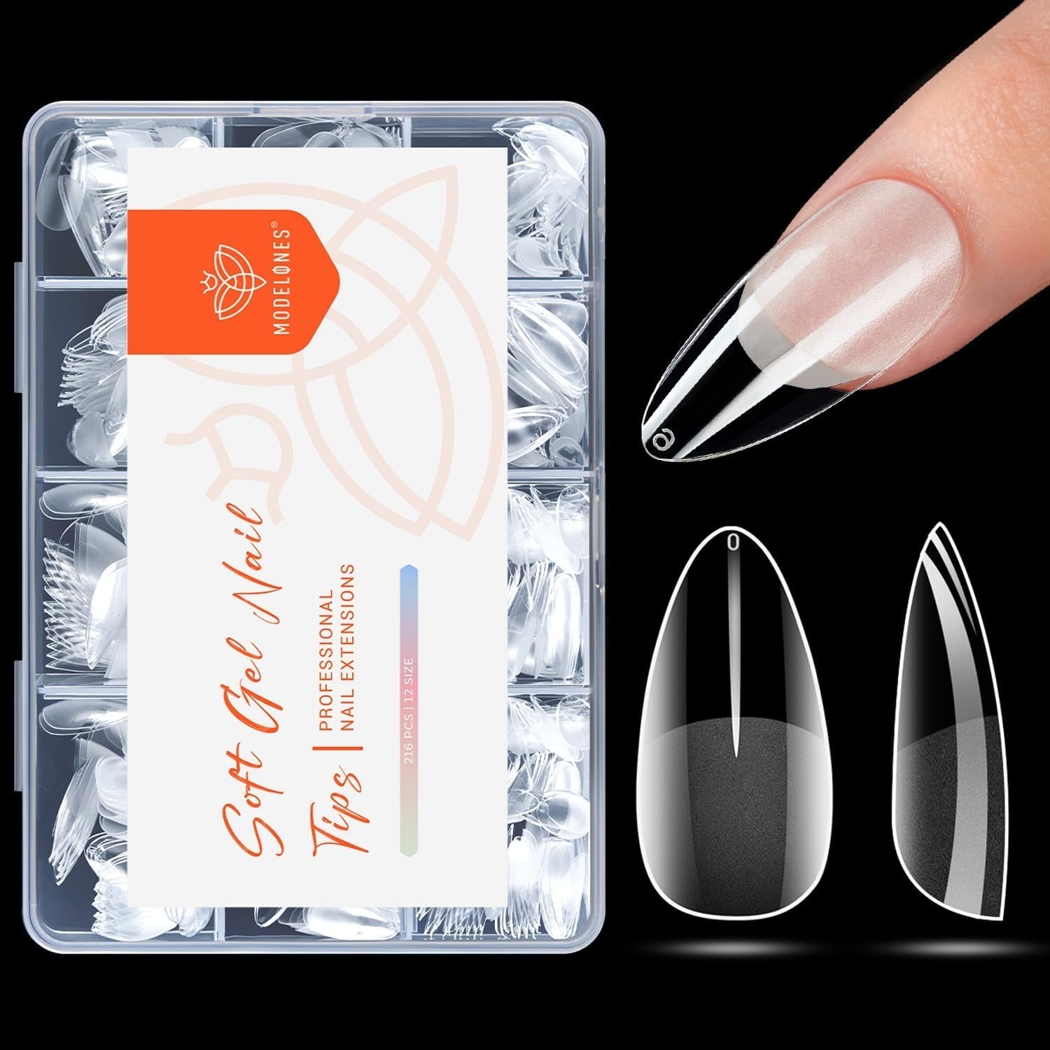 Modelones Nail Tips 216 bitar - Heltäckande Nail Tips Set, Soft Gel Tips Set, Pre-Polishing PMMA Resin Nail Tips, DIY Lime On Nail Art konstgjorda naglar, korta mandlar XS