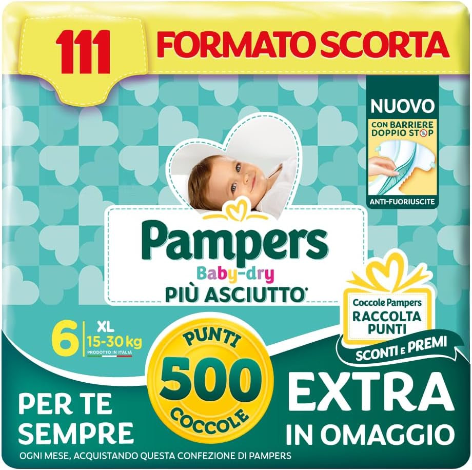 Pampers Baby Dry XL storlek 6 (15-30 kg), 111 blöjor + 500 gratis extra krampoäng
