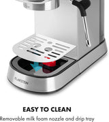 Klarstein Futura Espressomaskin, Portable Filter Espresso Machine, 1450 W, 20 bar, Barista Quality, Dubbelmunstycke, Flow Stop, Portable Filter Espresso Machine, Mjölkskummare Funktion, Silver