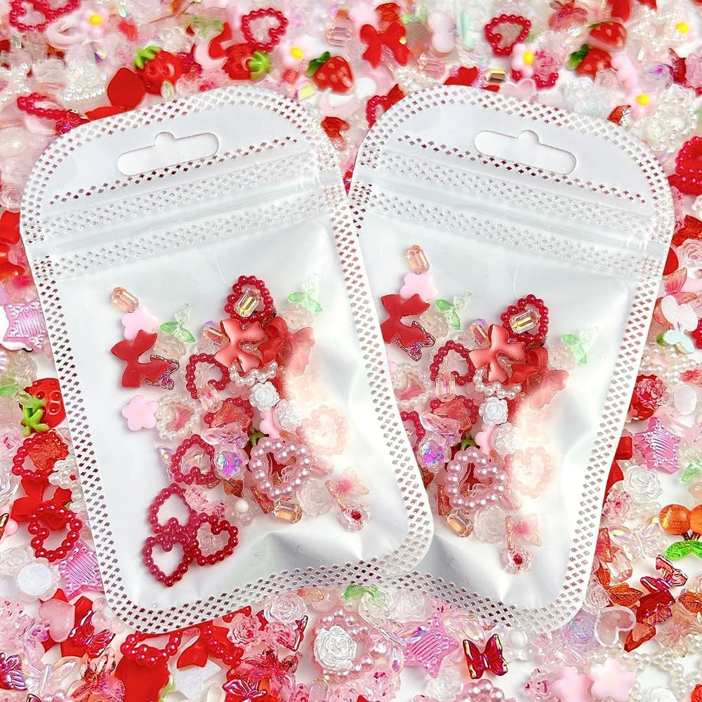 100st 3D Nail Charms Rosa Rot Kirsche Erdbeere Blume Nagel Charms Kamelie Rose Schmetterling Nail Art Charms Flatback Herz Schleife Charms Nägel Zubehör Mond Stern Nagelschmuck Nageldesign Anhänger