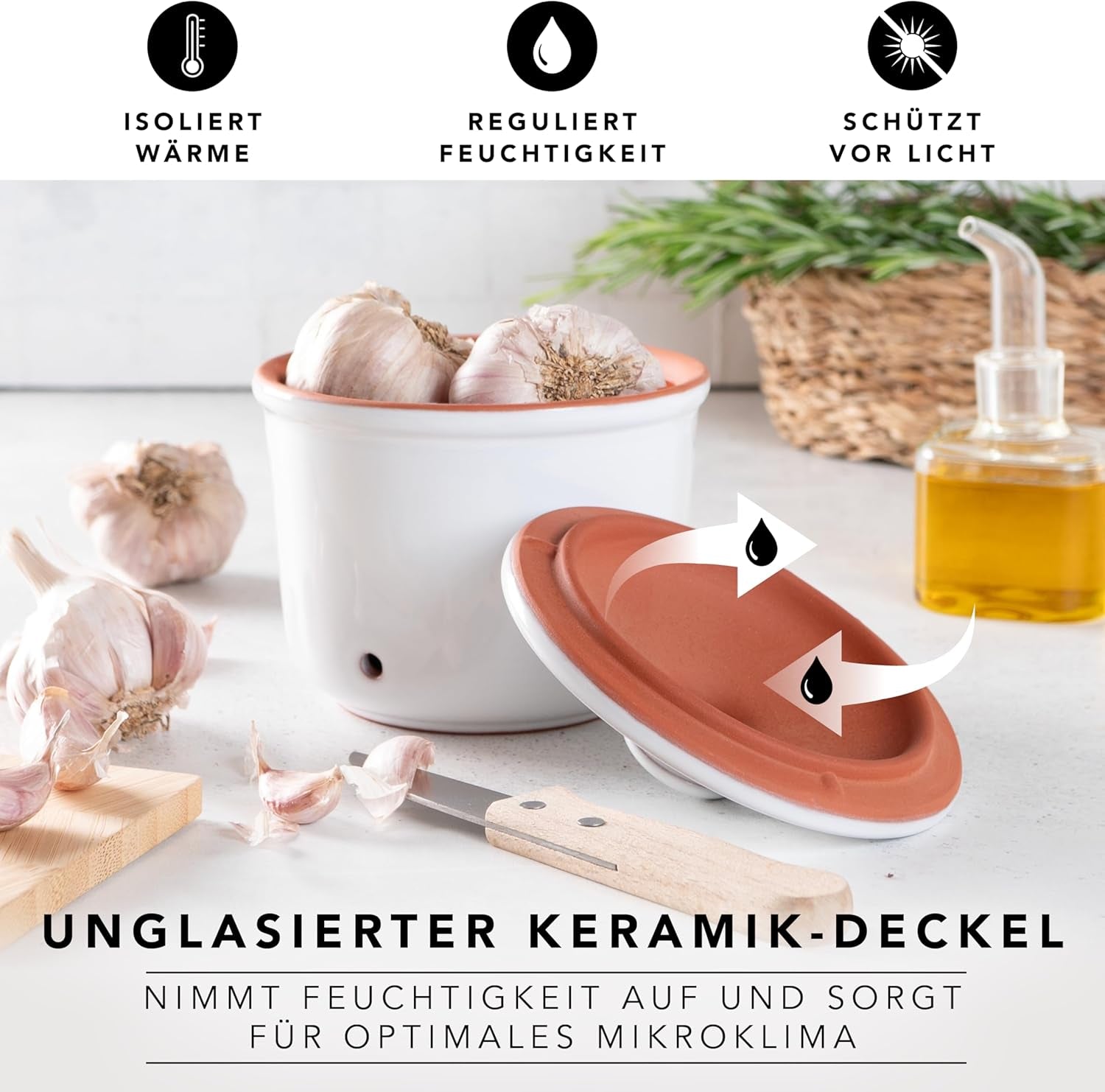 Römertopf Fresh Pot MINI 0,6 liter - Keramisk vitlökskruka - Andningsbar lera håller grönsaker fräscha längre - Idealisk luftcirkulation - Vita matförvaringslådor Naty Shop