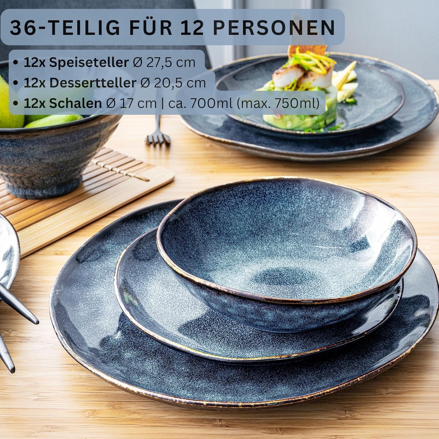 Sänger | Tokyo 36-delat servisset 12-personers porslinsservisset Modernt handgjort mörkblått servis med svarta accenter | PREMIUM KOLLEKTIONEN