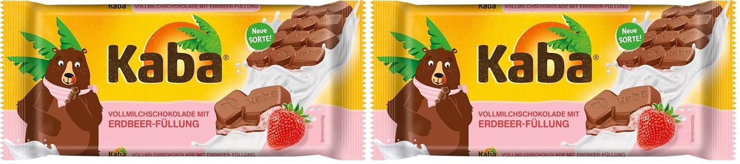Kaba mjölkchoklad med jordgubbsgrädde, fylld chokladkaka, 90 g bar, smält-i-munnen choklad med jordgubbsfruktig grädde och Kaba originalsmak (förpackning med 2)