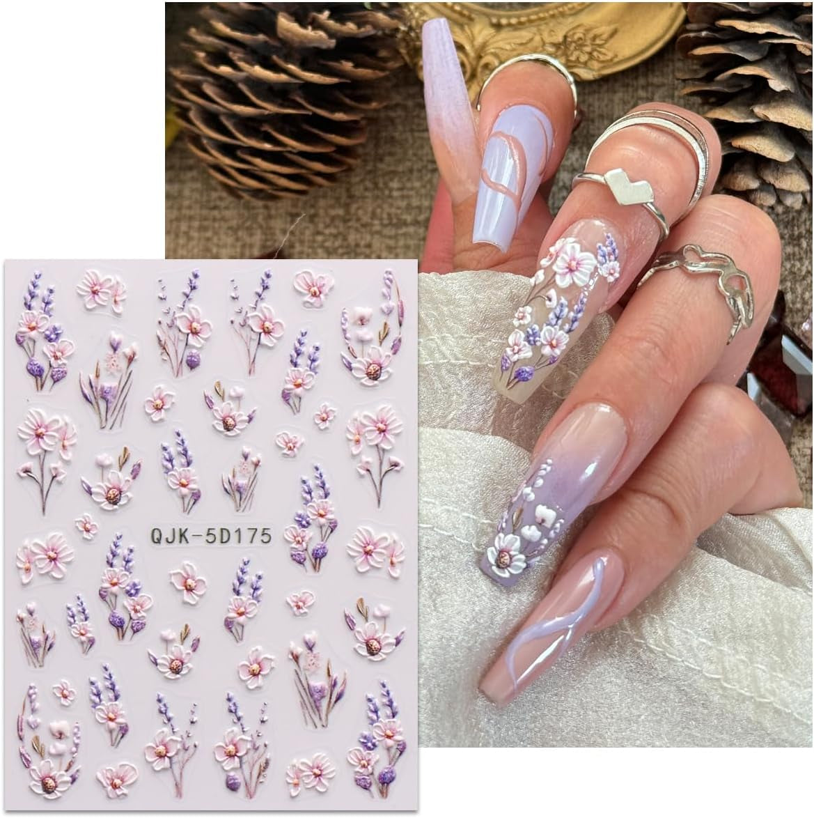JMEOWIO 3D Nagelsticker Blumen Nail Art Sticker Selbstklebend Nagelaufkleber 5D Stereoskopisk Frühling Sommer Dekoration Nageldesign Zubehör 4 Blatt