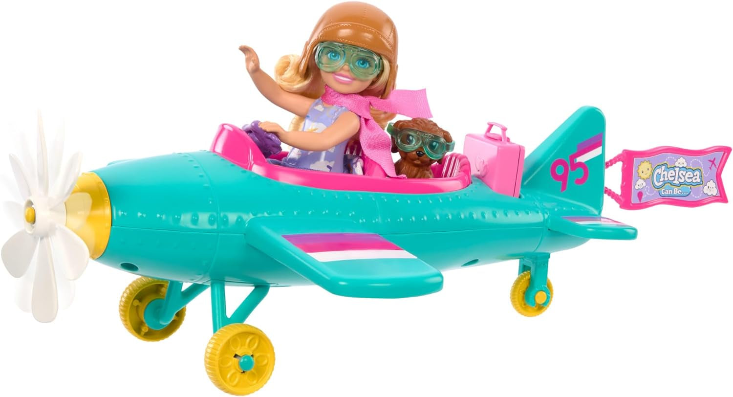 Chelsea Barbie Doll Flygplan och lekset - Pilotdocka, flygplan, valp- och sagotillbehör, spinnhjul och blompropellrar, 3+, HTK38