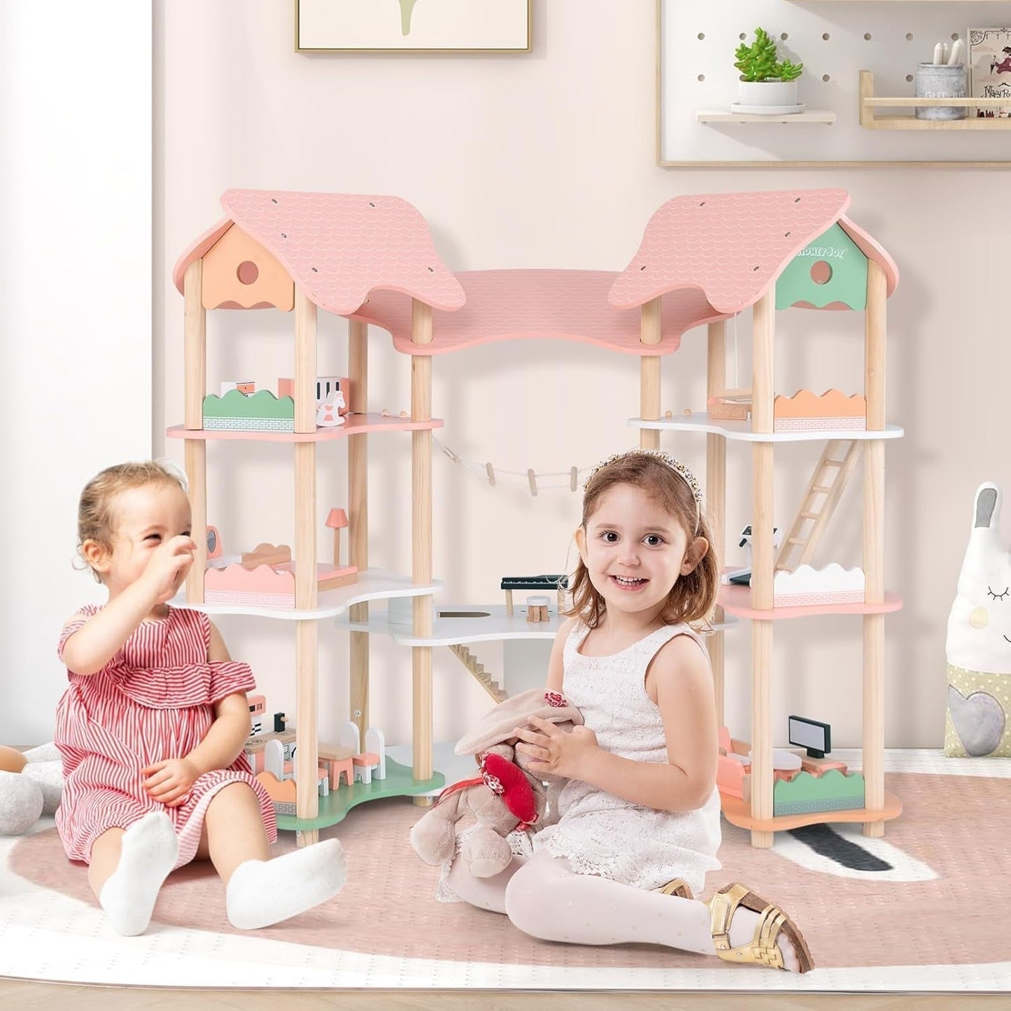 FANTASK dockskåp i trä, 85 cm höjd 7-rumsdockhus med 32 möbler och tillbehör, dockskåp med repstege, dockhuspresent för 3-åriga flickor (modell 3) Naty Shop dockskåp
