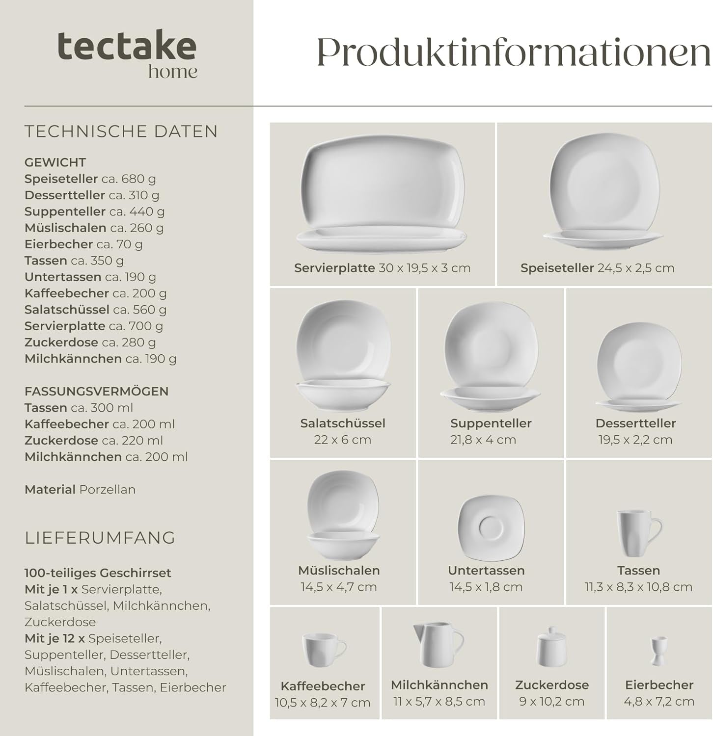 tectake® 12-personers servisset, 100-delat porslinsservis, inklusive 12 tallrikar, 12 desserttallrikar, 12 middagstallrikar, 12 koppar, 12 spannmålsskålar, salladsskål, mjölkkanna, sockerskål