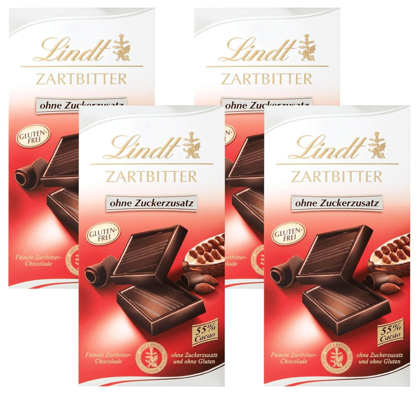 Mörk choklad utan tillsatt socker | Tablett 100g | Den finaste med 55% kakao, glutenfri | Chokladkaka | Chokladpresentset (paket med 4)