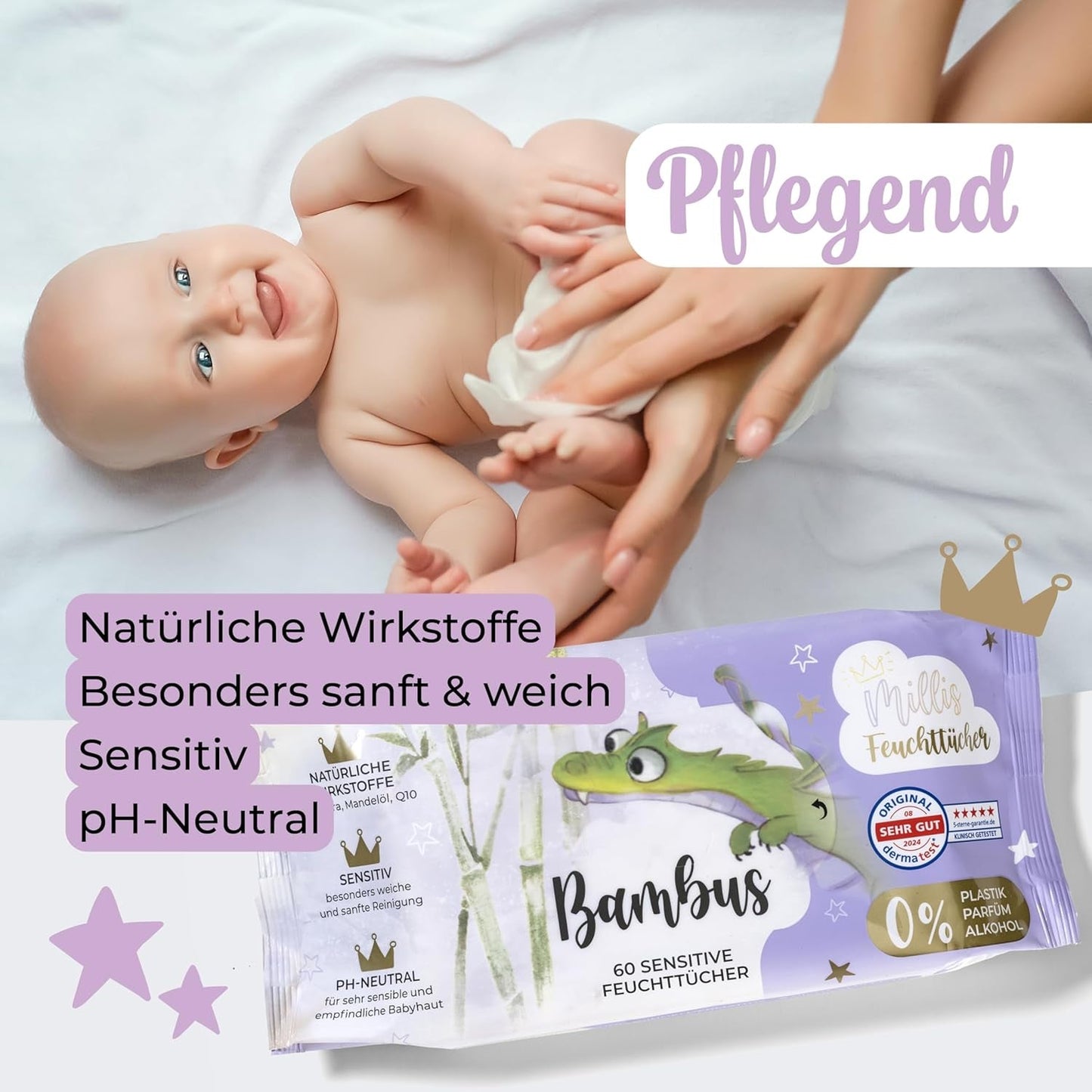 Millis Bamboo Baby Sensitive våtservetter för ömtålig babyhud - 5 x 60 stycken - Naturlig, skonsam och hållbar rengöring - Biologiskt nedbrytbara babyservetter, plastfria och alkoholfria