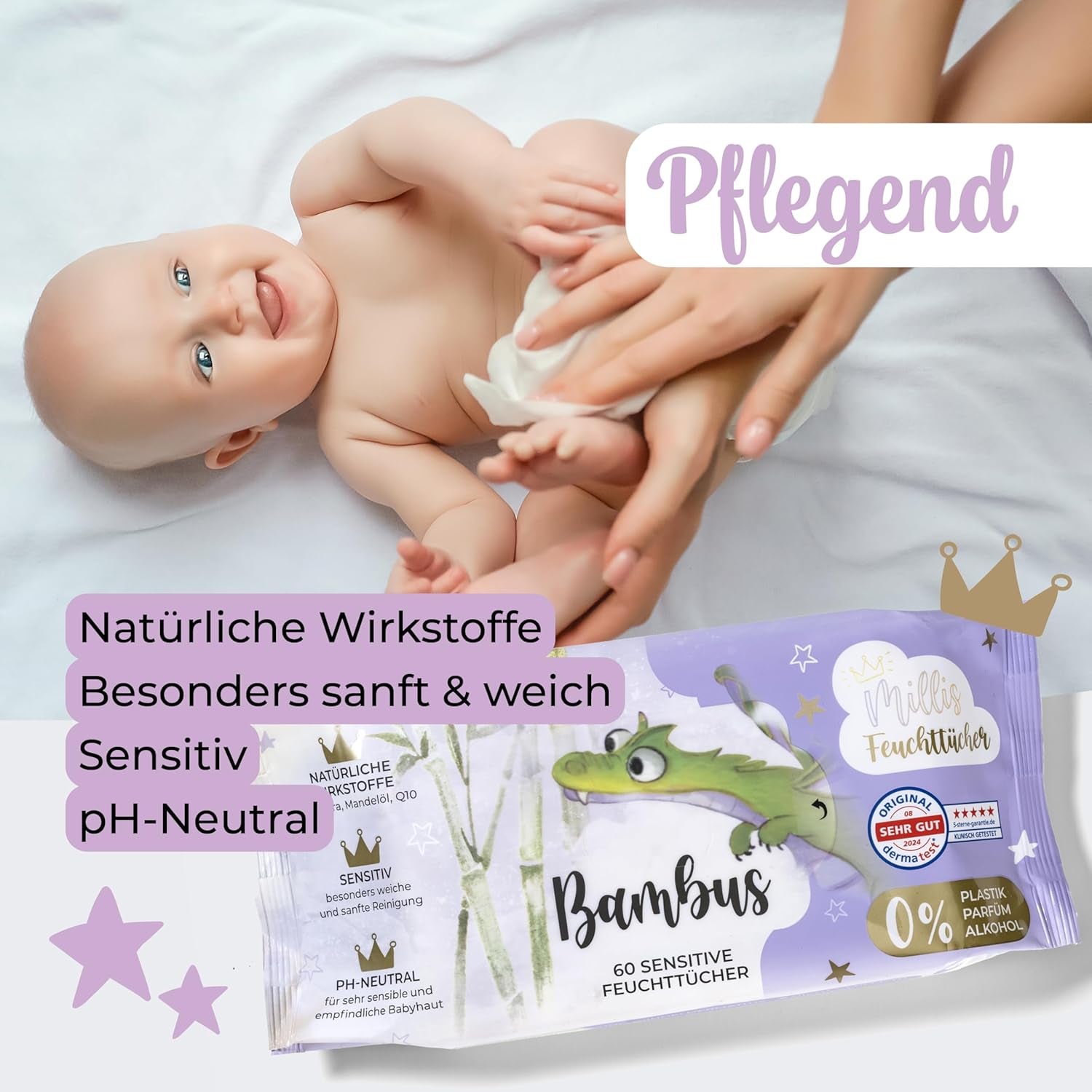 Millis Bamboo Baby Sensitive våtservetter för ömtålig babyhud - 5 x 60 stycken - Naturlig, skonsam och hållbar rengöring - Biologiskt nedbrytbara babyservetter, plastfria och alkoholfria