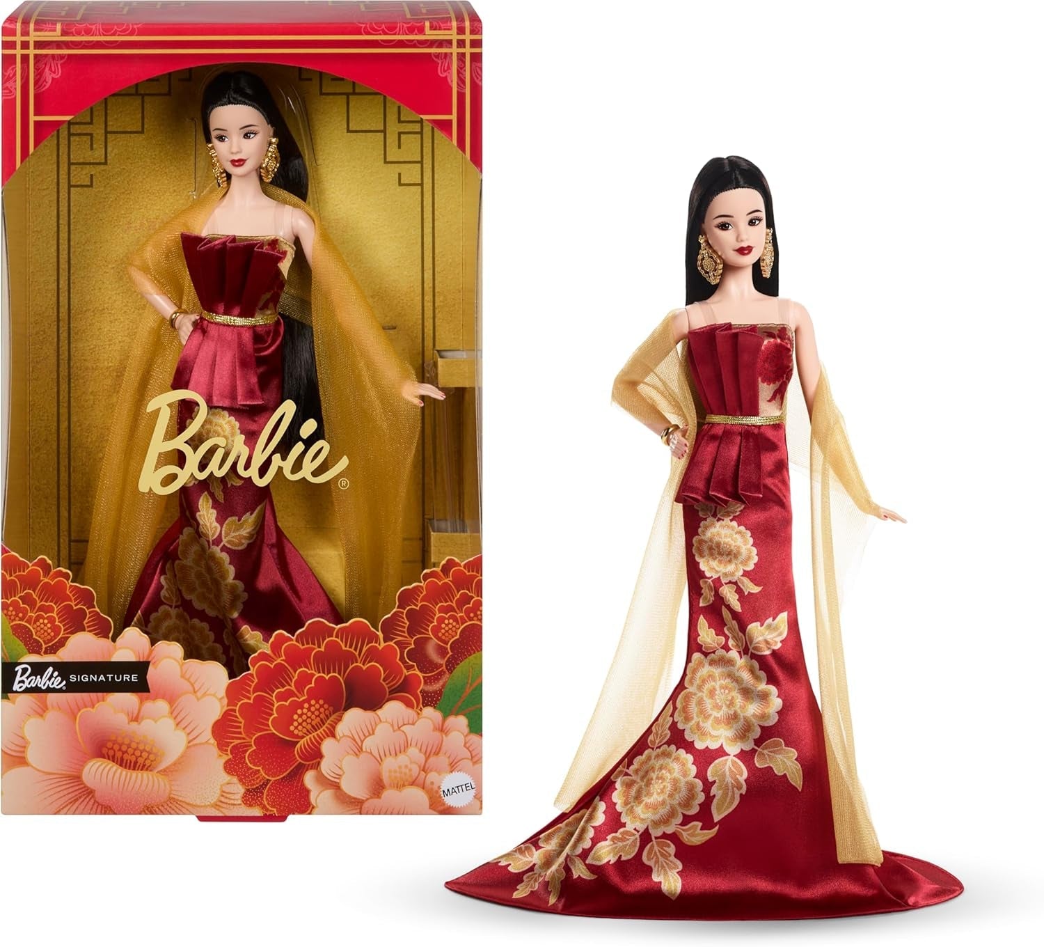 Barbie signatur månnyårsdocka i röd klänning med gyllene pioner Collection Toy JJX83
