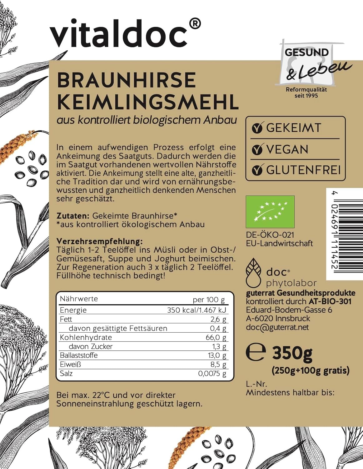 vitaldoc© | Ekologisk brun hirs, nygrodd 250g + 100g | Raw food | Glutenfri | Vegan | Ekologiskt | Rik på naturligt kisel | Kvalitet