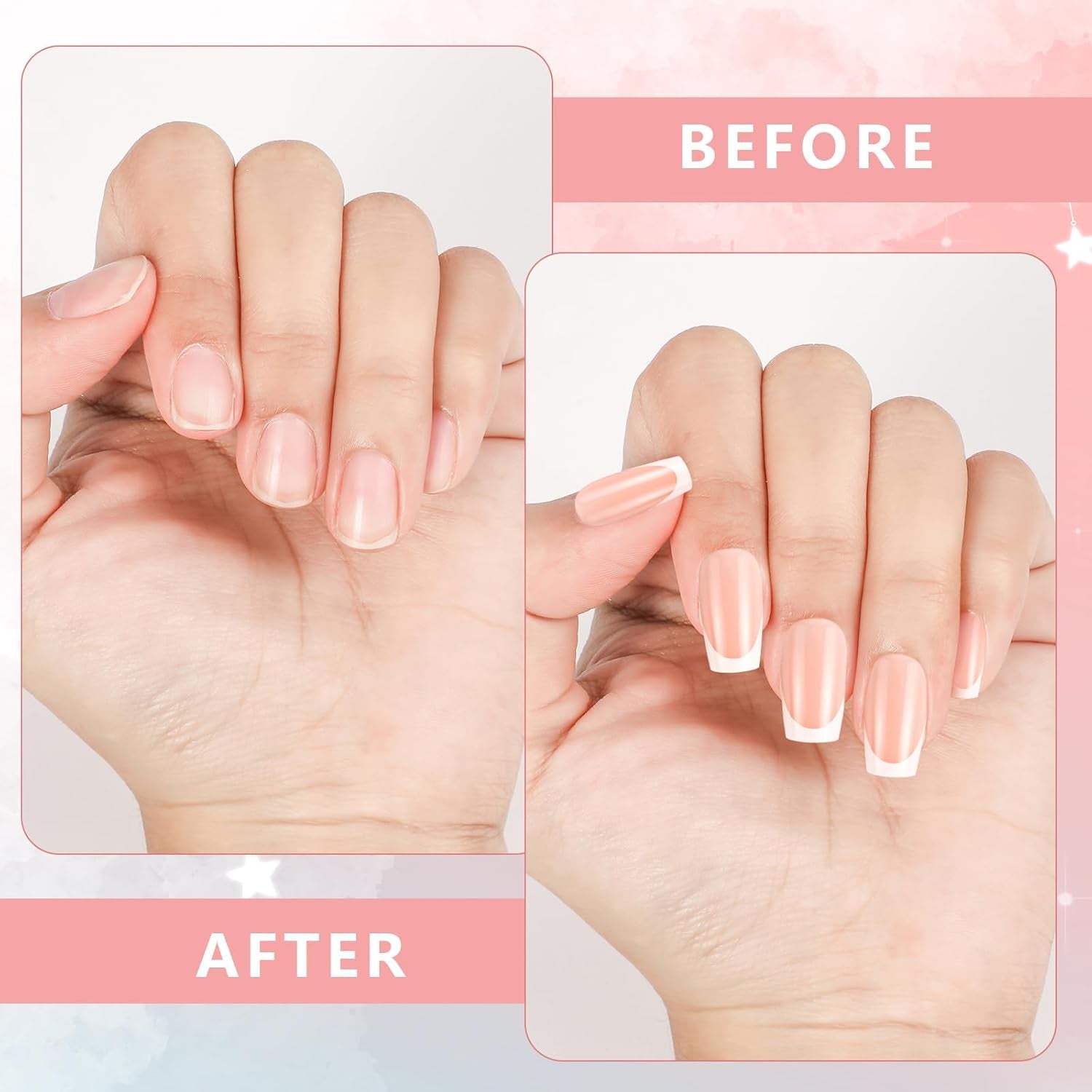 360 stycken franska konstgjorda naglar Medium rektangel falska naglar med falska nagelfilar Naturliga tips DIY Press On för damer och kvinnor