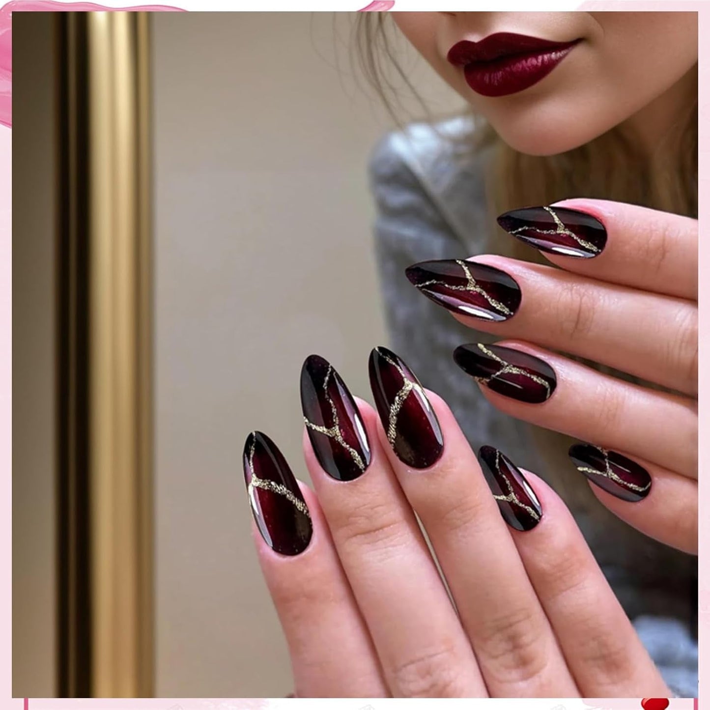 24st röda och svarta lösnaglar lim på lösnaglar Lim på naglar Mandelformade nagelspetsar Heltäckande lösnaglar Press On Nails Set Röda och svarta lösnaglar