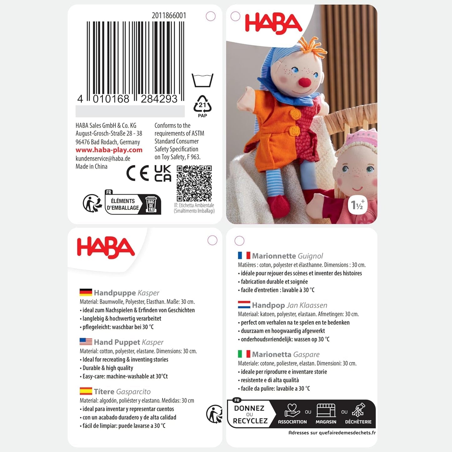 HABA Kasper handdocka – Från 18 månader, Tvättbar i 30°C, Perfekt för dock- och rollspel, dockteater – 2011866001
