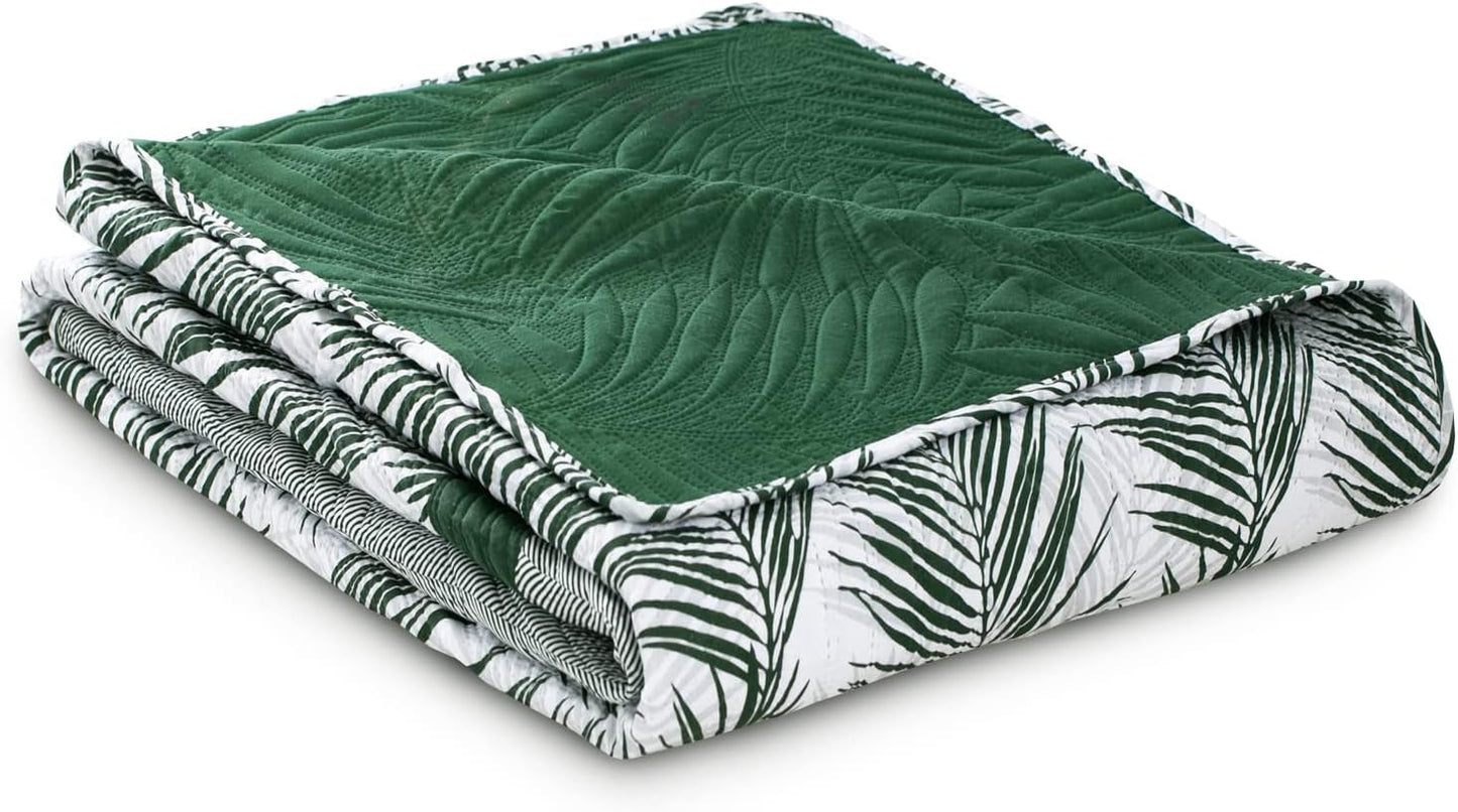 Ameliahome Överkast Överkast 170X210 Cm Dubbelsidigt Lättskött Överkast Växtmönster Grön Vit Tropiska Bonaire Sängar och filtar Besuche den AmeliaHome-Store