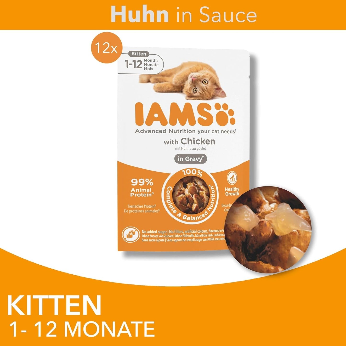 IAMS Delights Kitten Nassfutter - Multipack Katzenfutter med Hunn i sås, högkvalitativ Futter für Junior Kätzchen av 1-12 Monate, 12 x 85 g