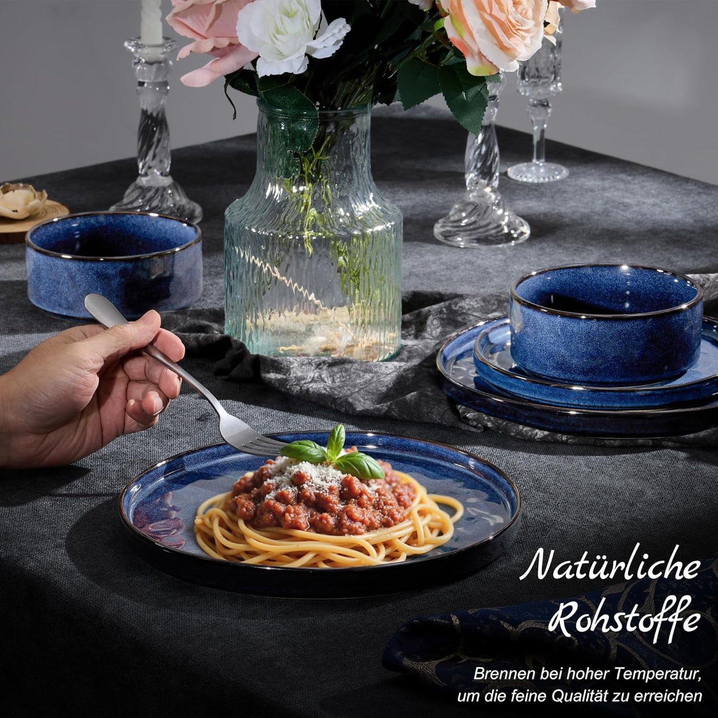 Homikit servisset, 12-delat servisset för 4, middagsservicekombination med tallrikar, desserttallrikar och spannmålsskålar, tål mikrovågsugn och diskmaskin, elegant blå