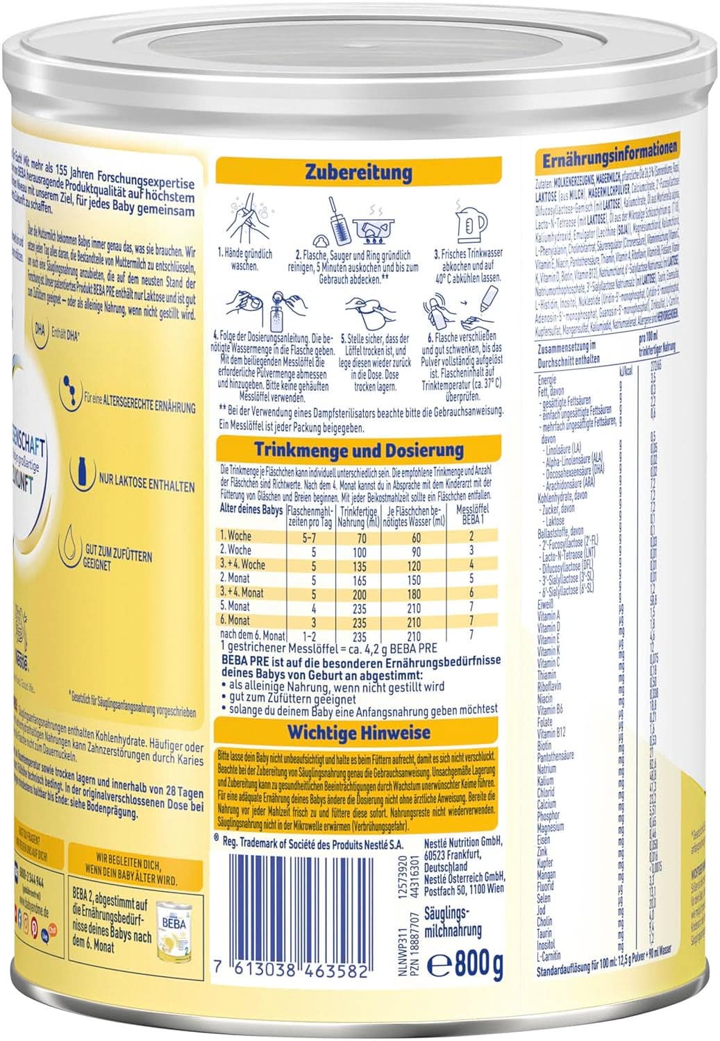 BEBA PRE Initial mjölk från födseln, barnmat med DHA, endast laktos, ingen palmolja, pack 3 (3 x 800 g) Naty Shop