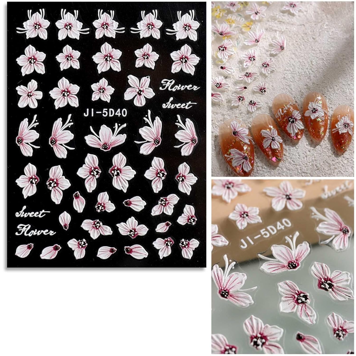 JMEOWIO 3D Nagelsticker Frühling Blume Nail Art Sticker Selbstklebend Nagelaufkleber 5D Stereoskopisk Buntes Sommer Blumen Dekoration Nageldesign Zubehör 4 Blatt