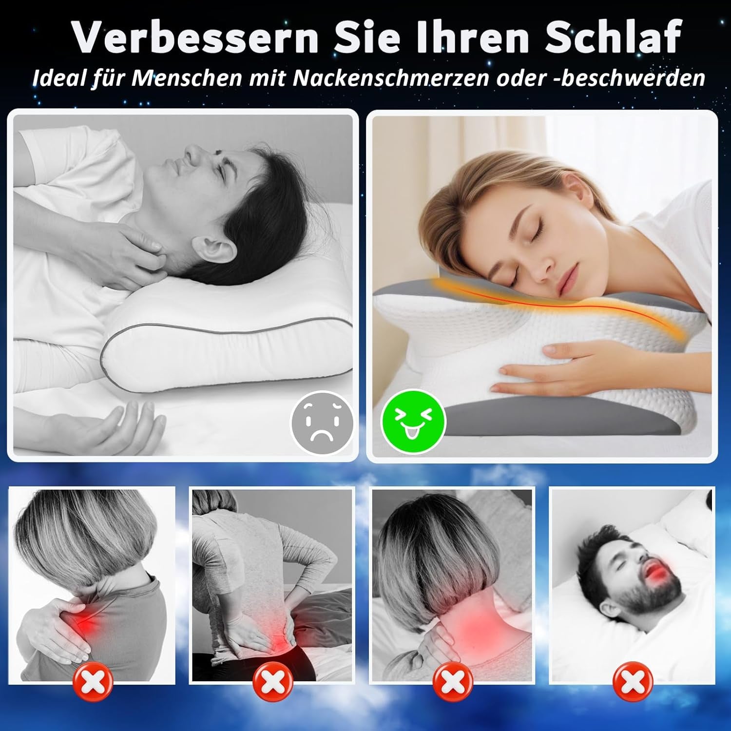 Memory Foam Kudde Nackkudde Ortopedisk kudde - Ergonomisk design Ihålig form för sido-, rygg- och magsyllar Grå cervikala ortopediska kuddar Naty Shop