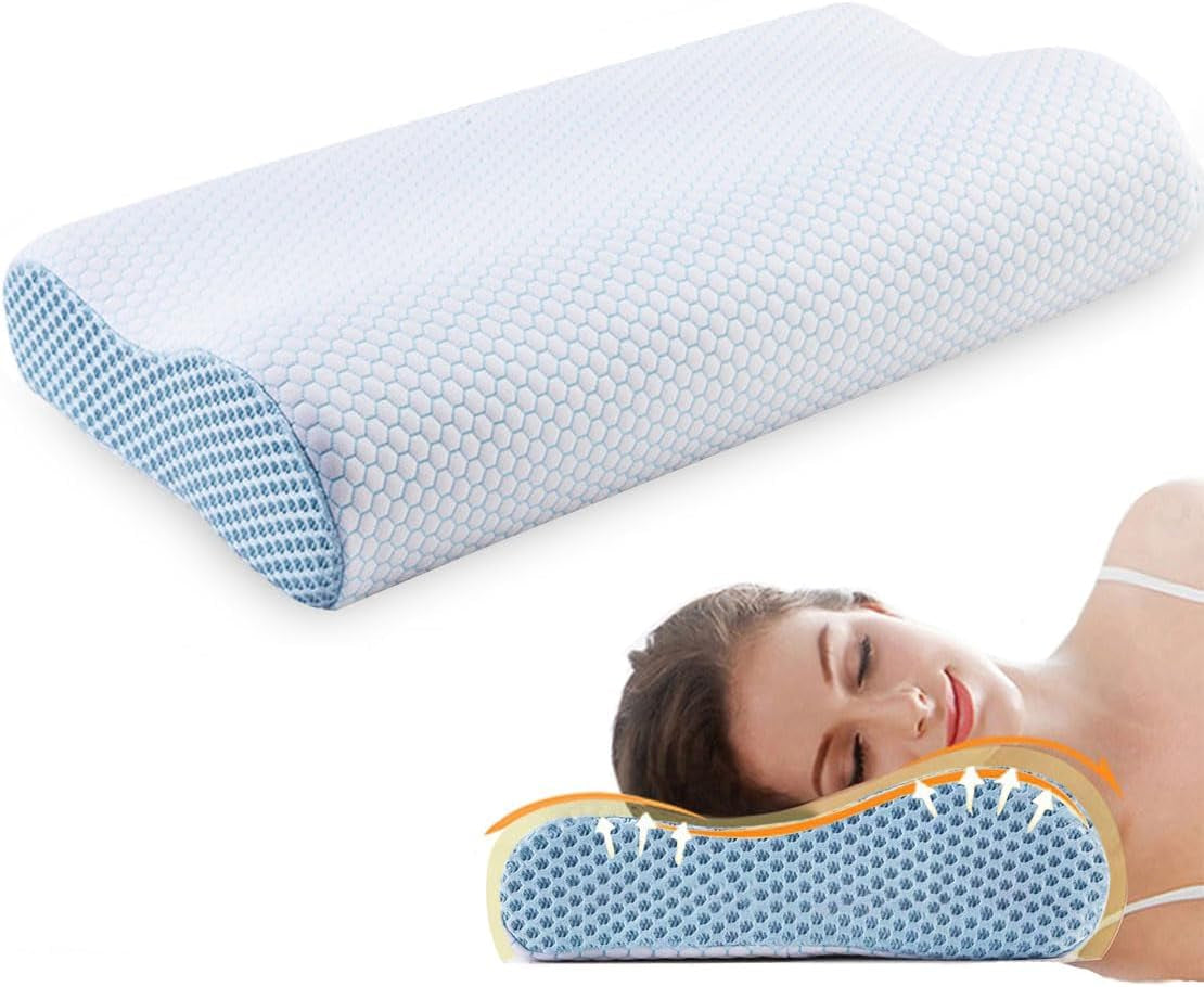 Memory Foam kudde, nackstödskudde, ergonomisk nackkudde för olika sovställningar med avtagbart överdrag Cervikala ortopediska kuddar Naty Shop blå och vit