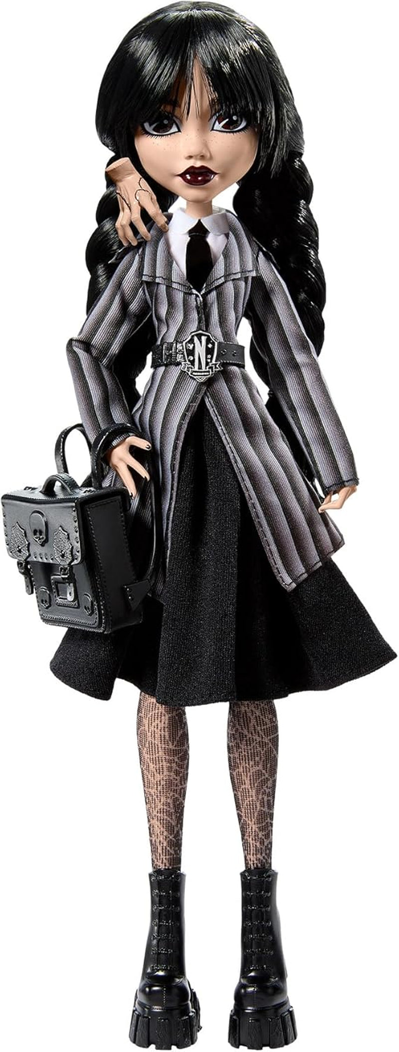 Monster High onsdagsdocka och tillbehör onsdag Addams samlarfigur i Nevermore Academy Uniform med iskall hand och ryggsäck dockställ HXJ04 Naty Shop Dolls