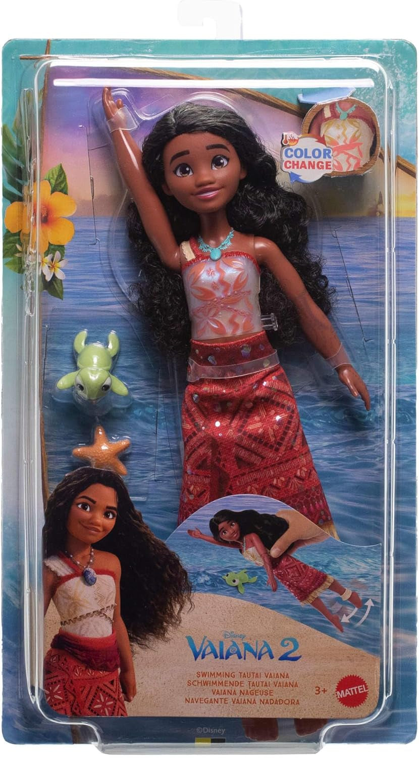 Mattel Toys Disney Moana 2 Tautai Moana simmodedocka med 2 tillbehör, färgskiftande topp och ben för simrörelser Filminspirerad JFF09