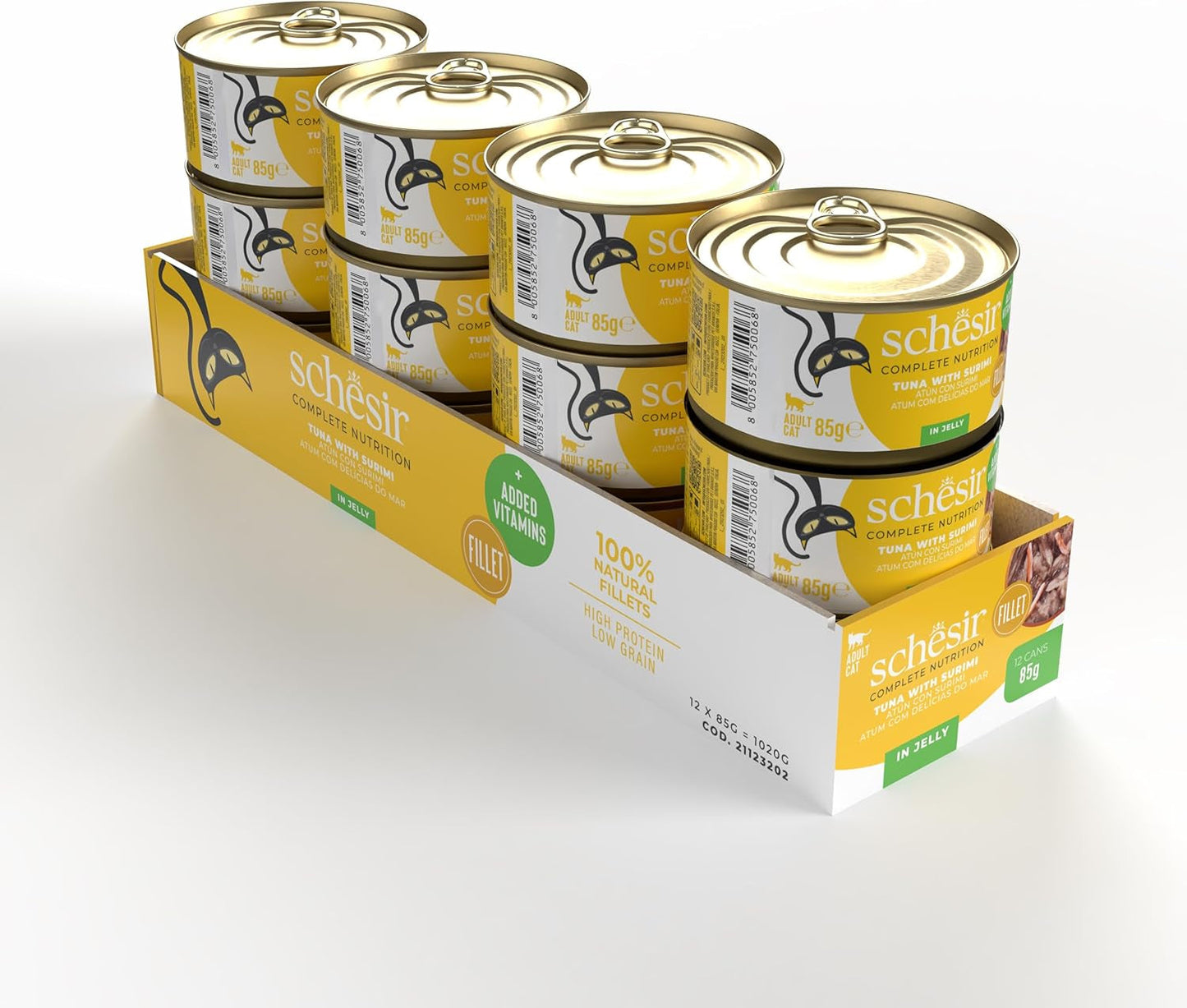 Surimi tonfisk i gelé, våt kattmat, konserverad, 100 % naturlig, med tillsatta vitaminer, 12 x 85 g